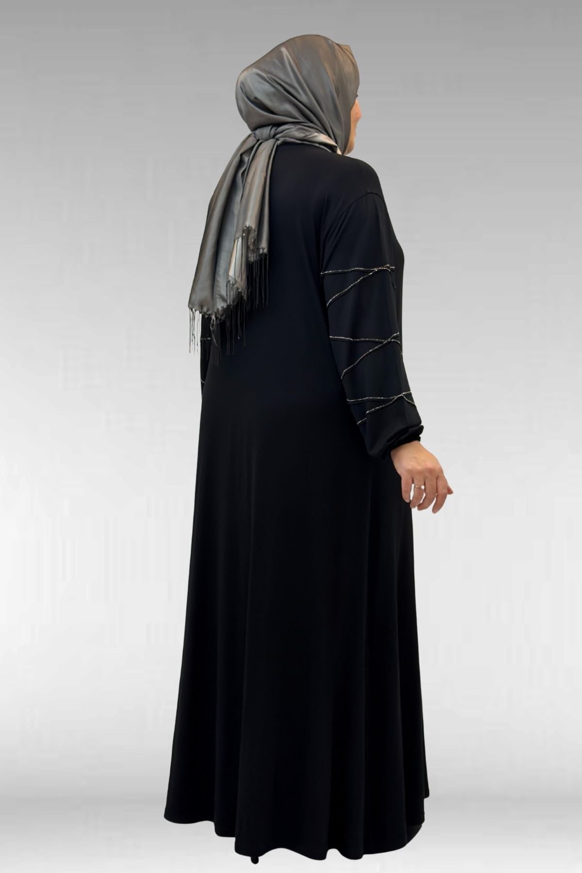 52021 Büyük Beden Çimalı Taş Detaylı Penye Elbise - Siyah