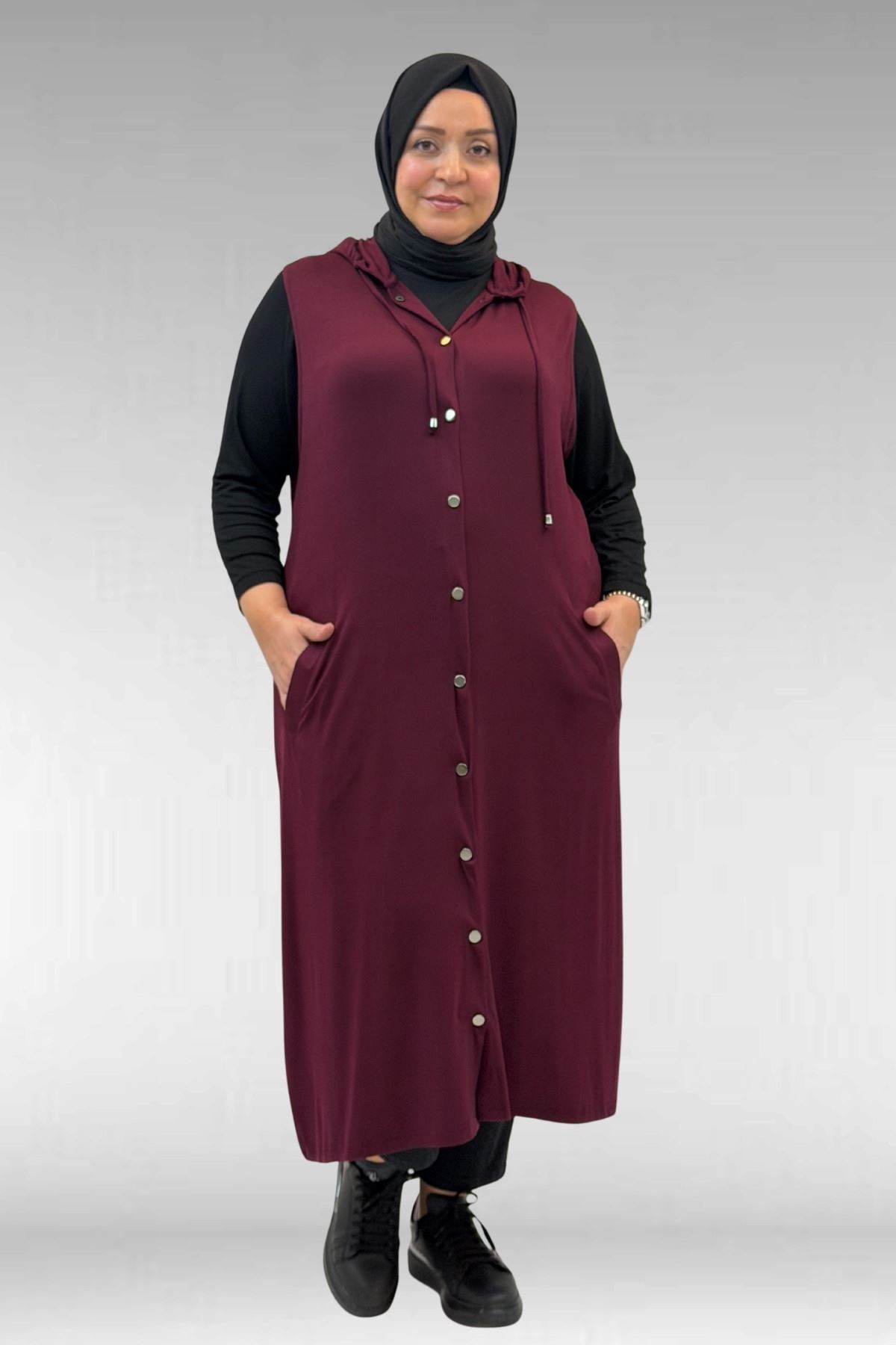 34001 Büyük Beden Çıtçıtlı Kapüşonlu Penye Yelek - Bordo