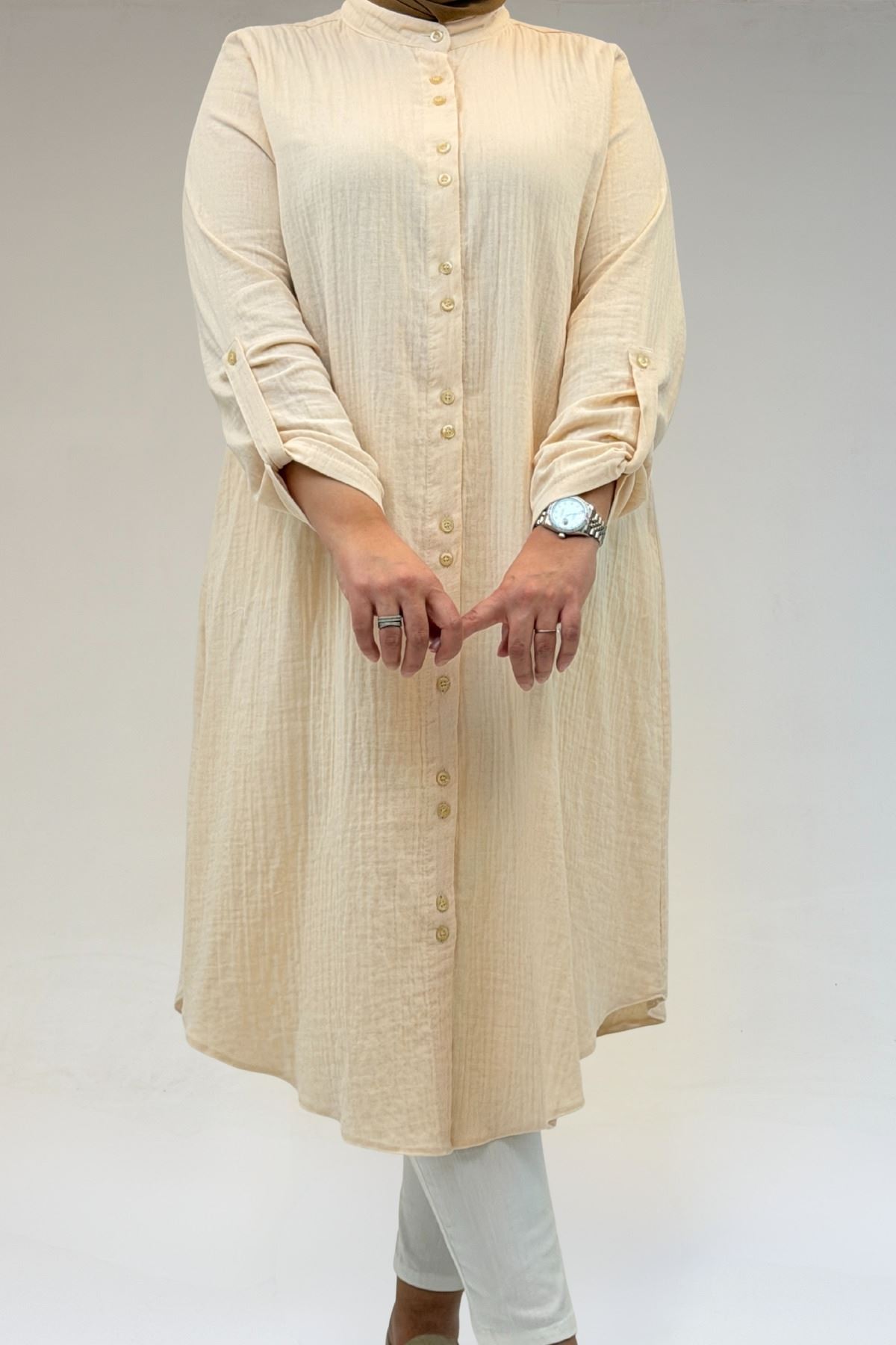 58092 Büyük Beden Çift Düğme Detaylı Müslin Gömlek - Krem