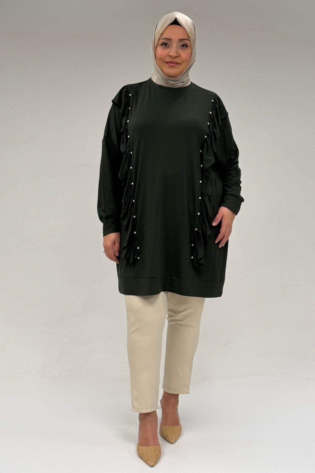 58074 Büyük Beden Fırfır Ve Taş Detaylı Penye Tunik - Haki