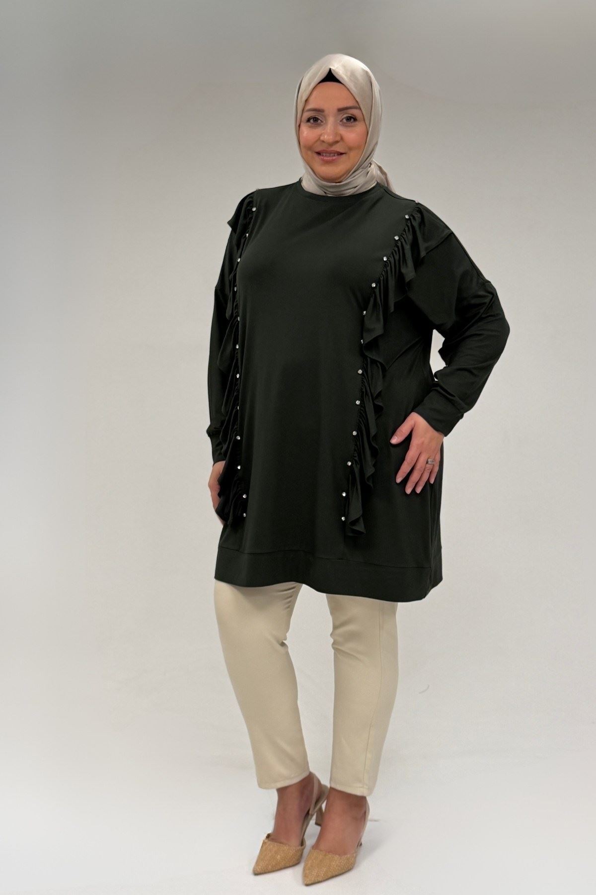 58074 Büyük Beden Fırfır Ve Taş Detaylı Penye Tunik - Haki