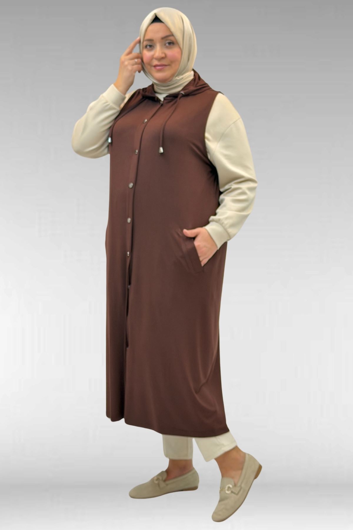 34001 Büyük Beden Çıtçıtlı Kapüşonlu Penye Yelek - Kahverengi