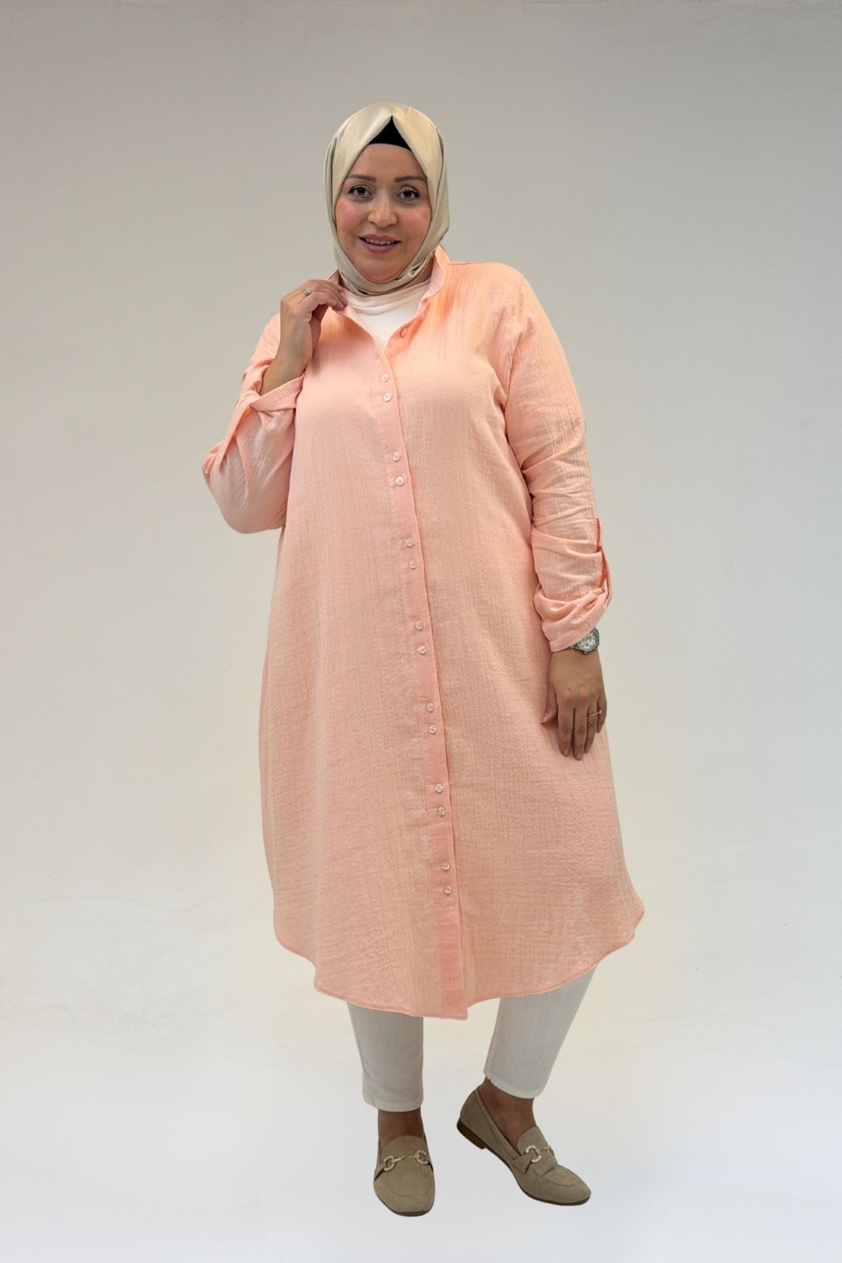 58092 Büyük Beden Çift Düğme Detaylı Müslin Gömlek - Toz Pembe