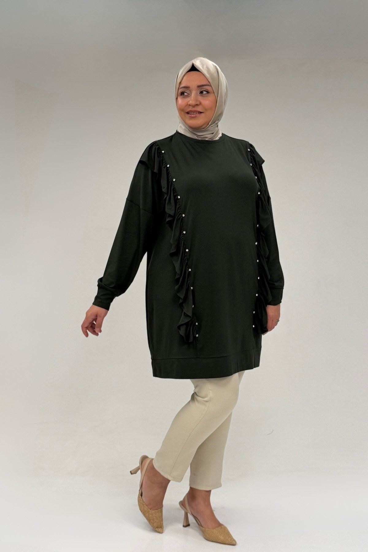 58074 Büyük Beden Fırfır Ve Taş Detaylı Penye Tunik - Haki