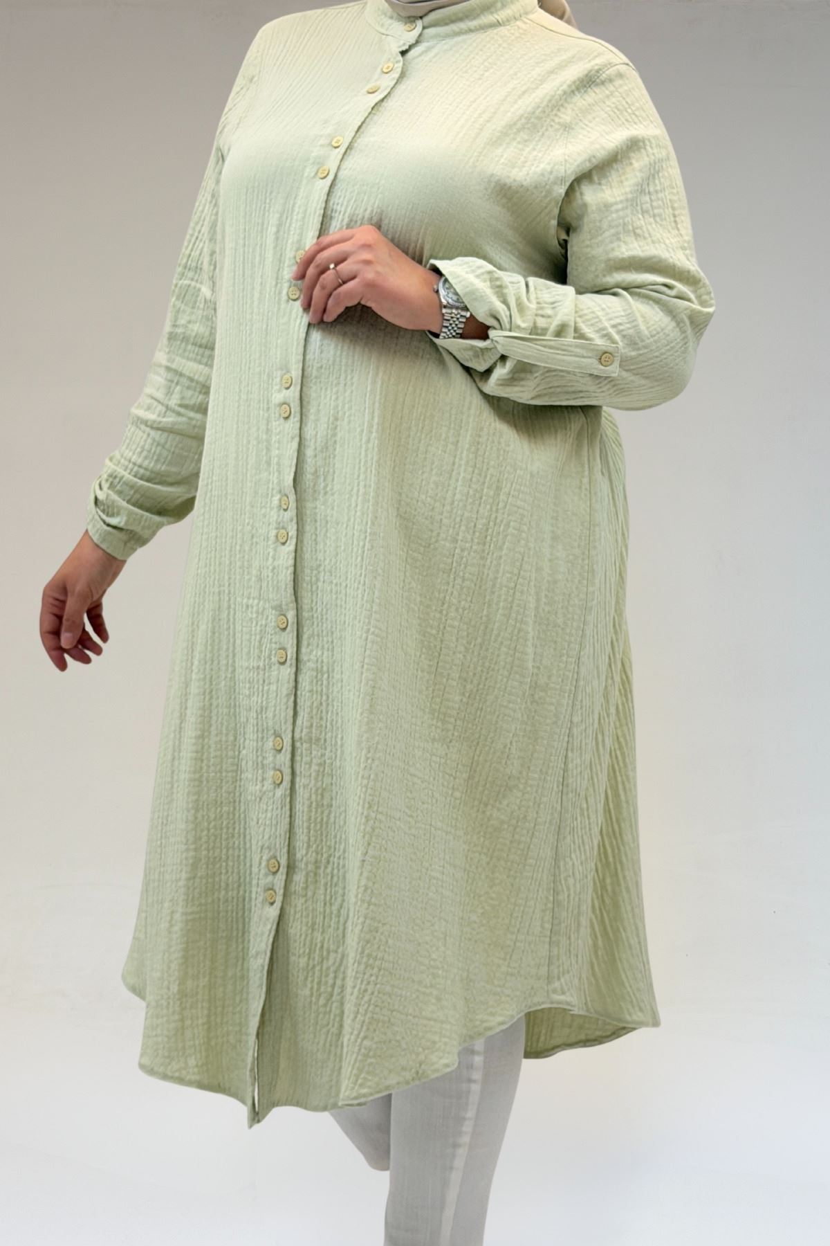 58092 Büyük Beden Çift Düğme Detaylı Müslin Gömlek - Su Yeşili