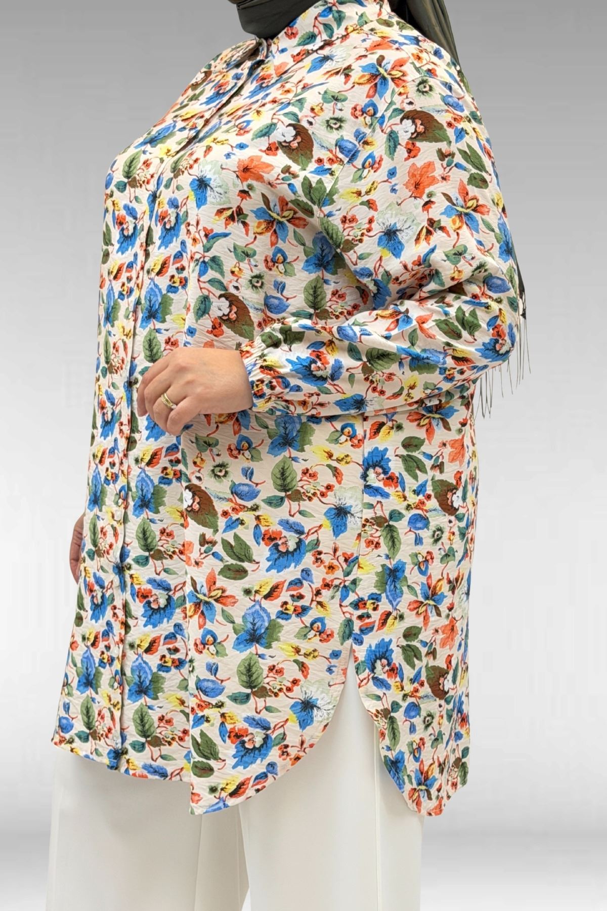 68010 Büyük Beden Yanları Yırtmaçlı Kolları Lastikli Mango Tunik - Desenli Taş