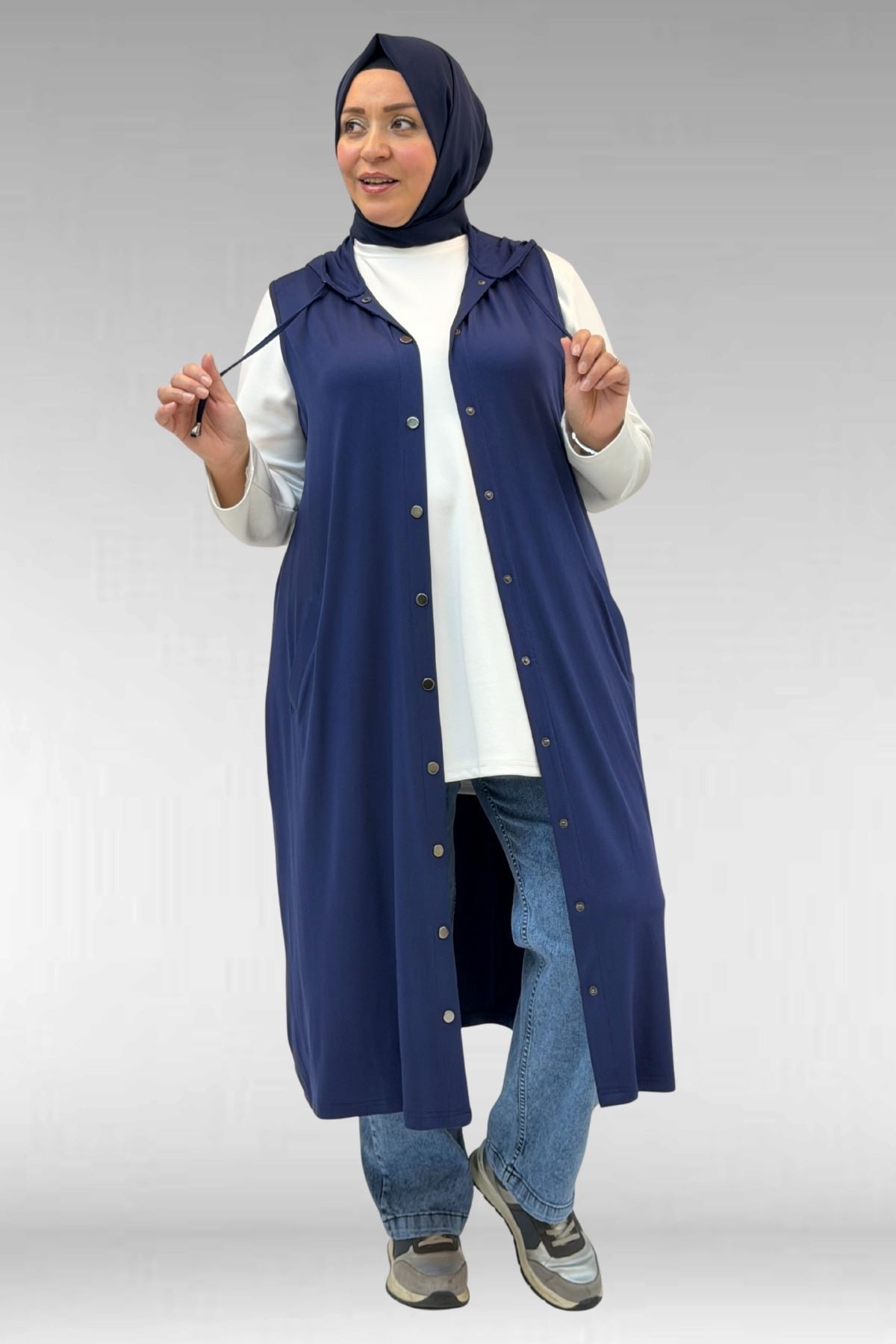 34001 Büyük Beden Çıtçıtlı Kapüşonlu Penye Yelek - İndigo