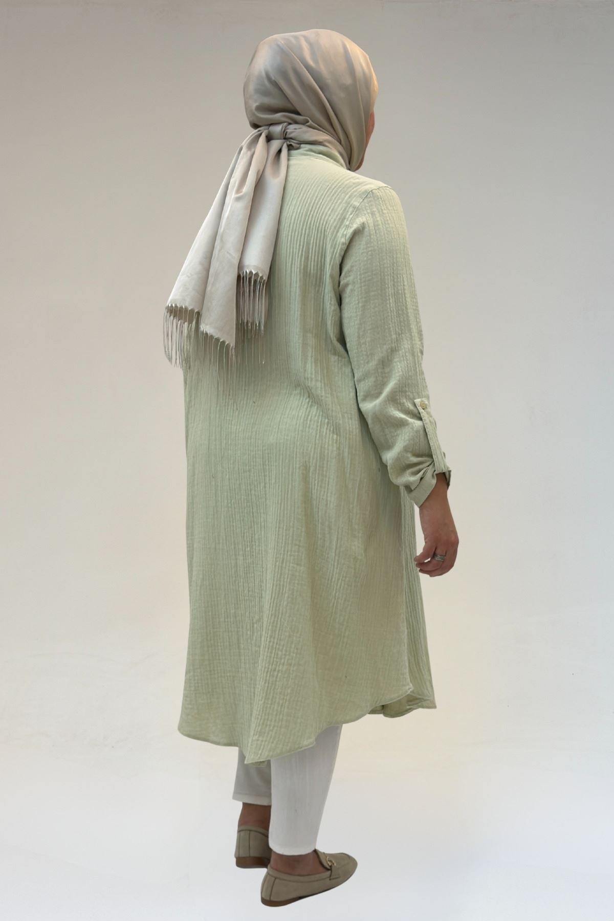 58092 Büyük Beden Çift Düğme Detaylı Müslin Gömlek - Su Yeşili