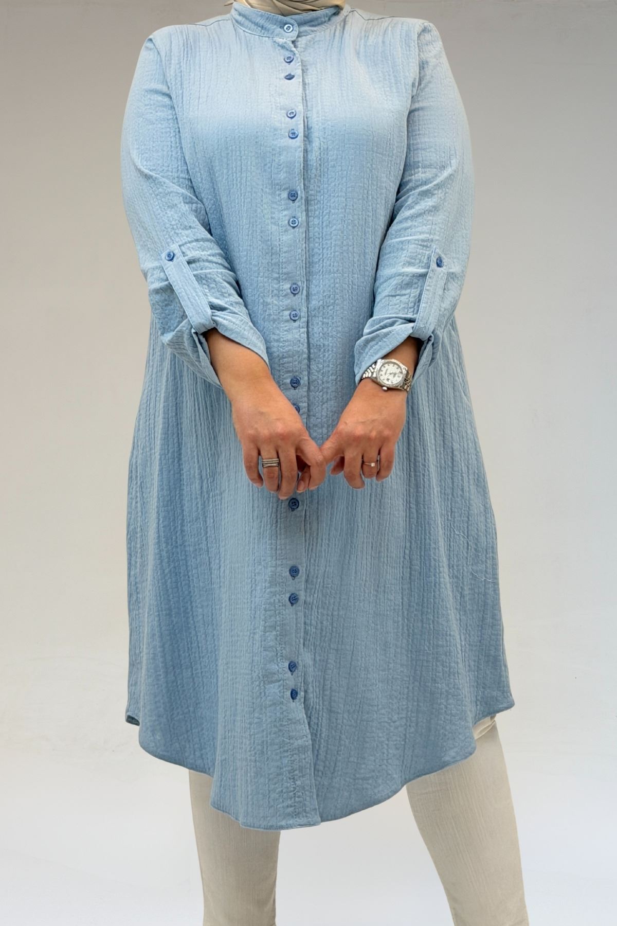 58092 Büyük Beden Çift Düğme Detaylı Müslin Gömlek - Bebe Mavi