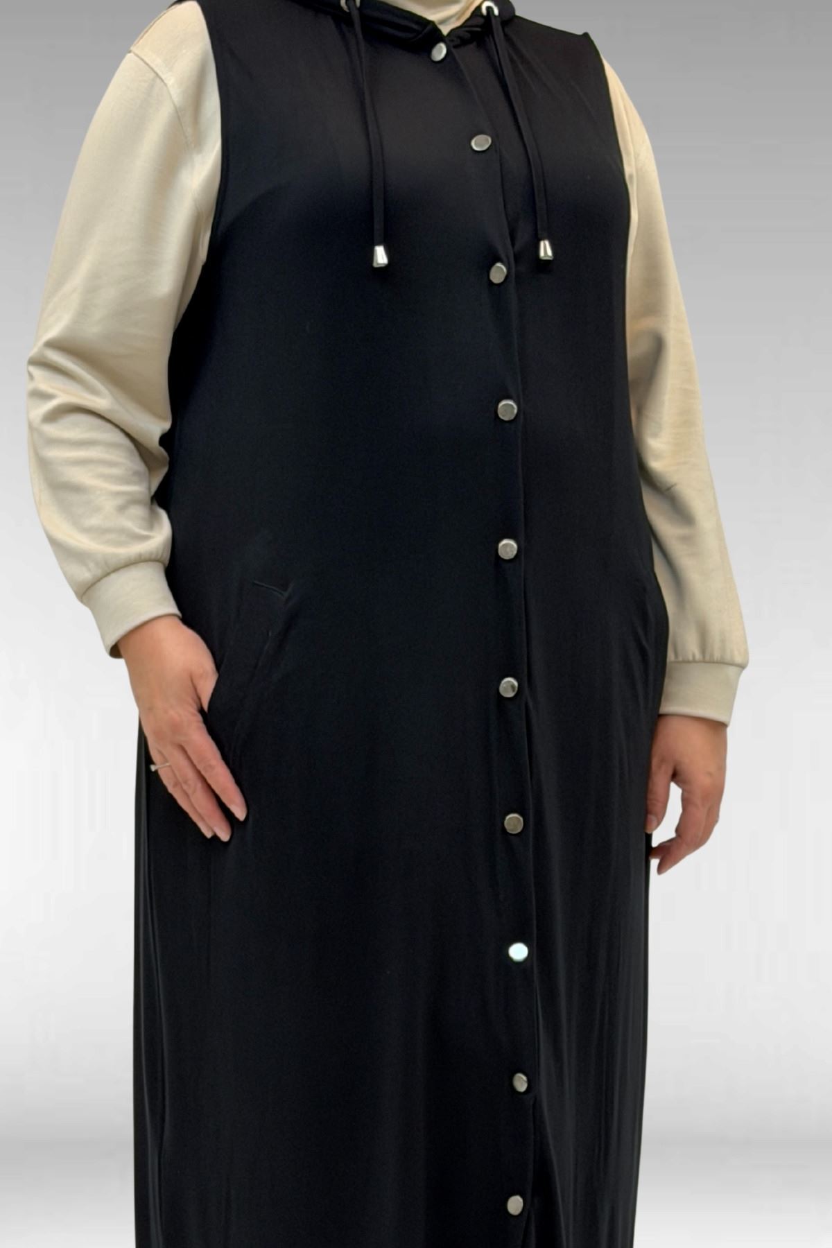 34001 Büyük Beden Çıtçıtlı Kapüşonlu Penye Yelek - Siyah