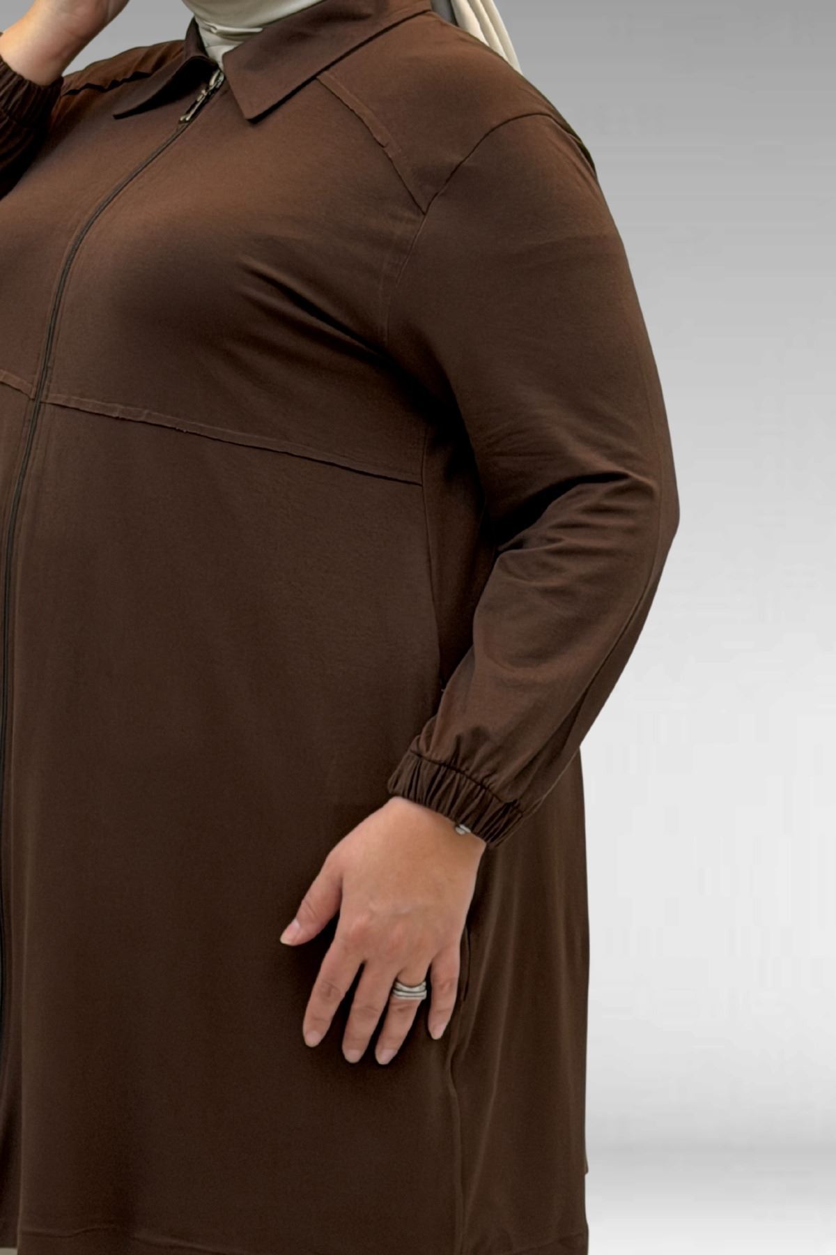 63002 Büyük Beden Fermuarlı Penye Ceket - Kahve