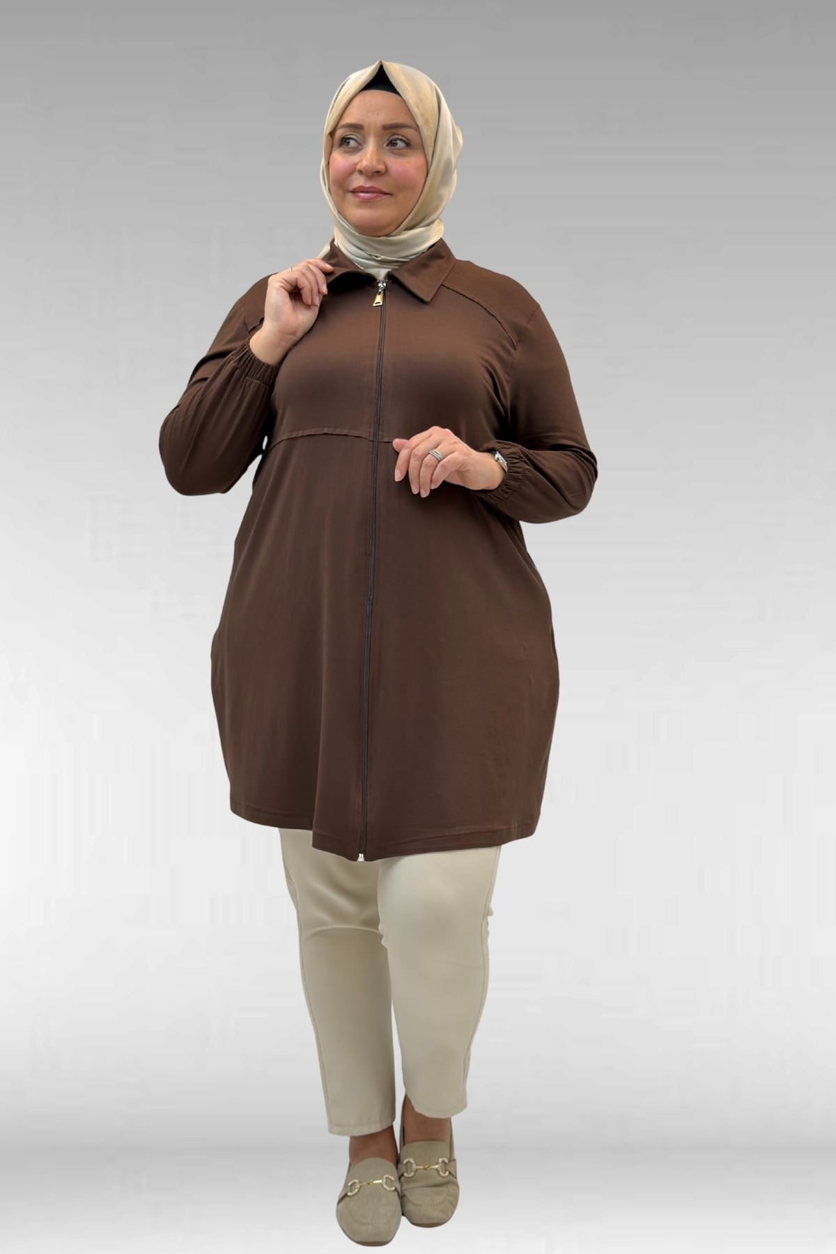 63002 Büyük Beden Fermuarlı Penye Ceket - Kahve