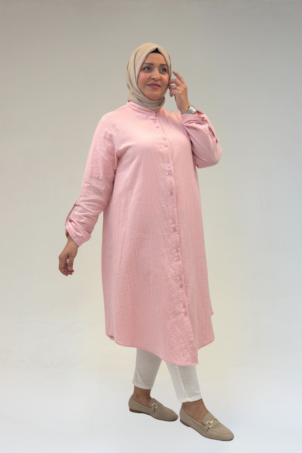 58092 Büyük Beden Çift Düğme Detaylı Müslin Gömlek - Şeker Pembesi