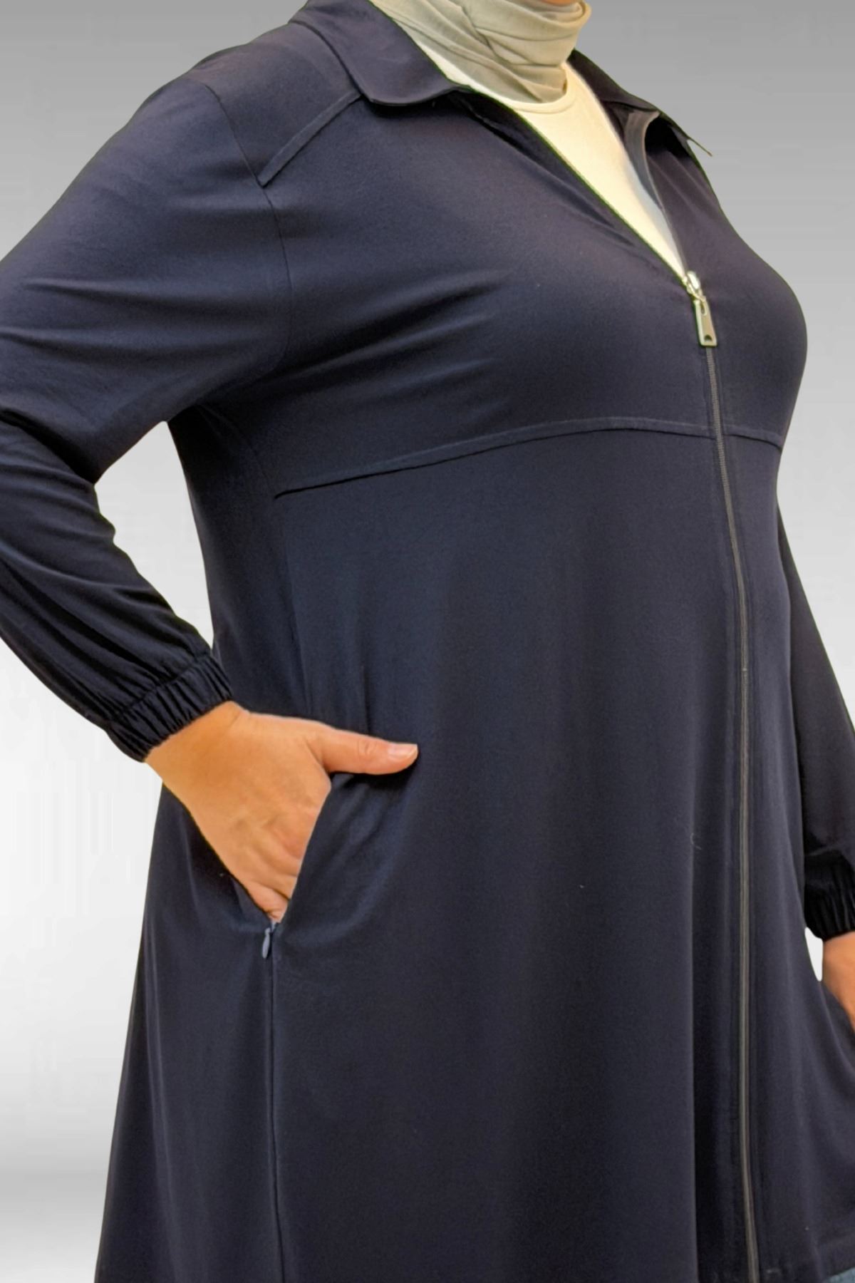 63002 Büyük Beden Fermuarlı Penye Ceket - Lacivert