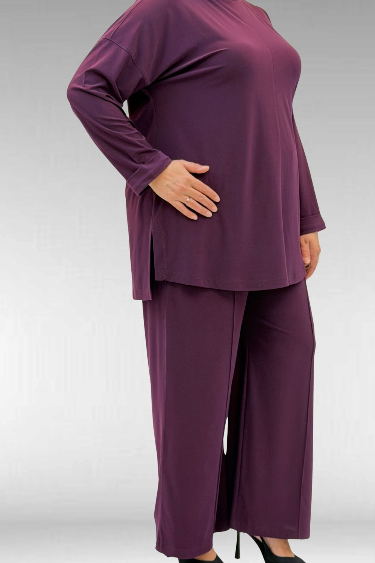 67001 Büyük Beden Kol Manşeti Duble Model Sandy Pantolonlu Takım - Mürdüm