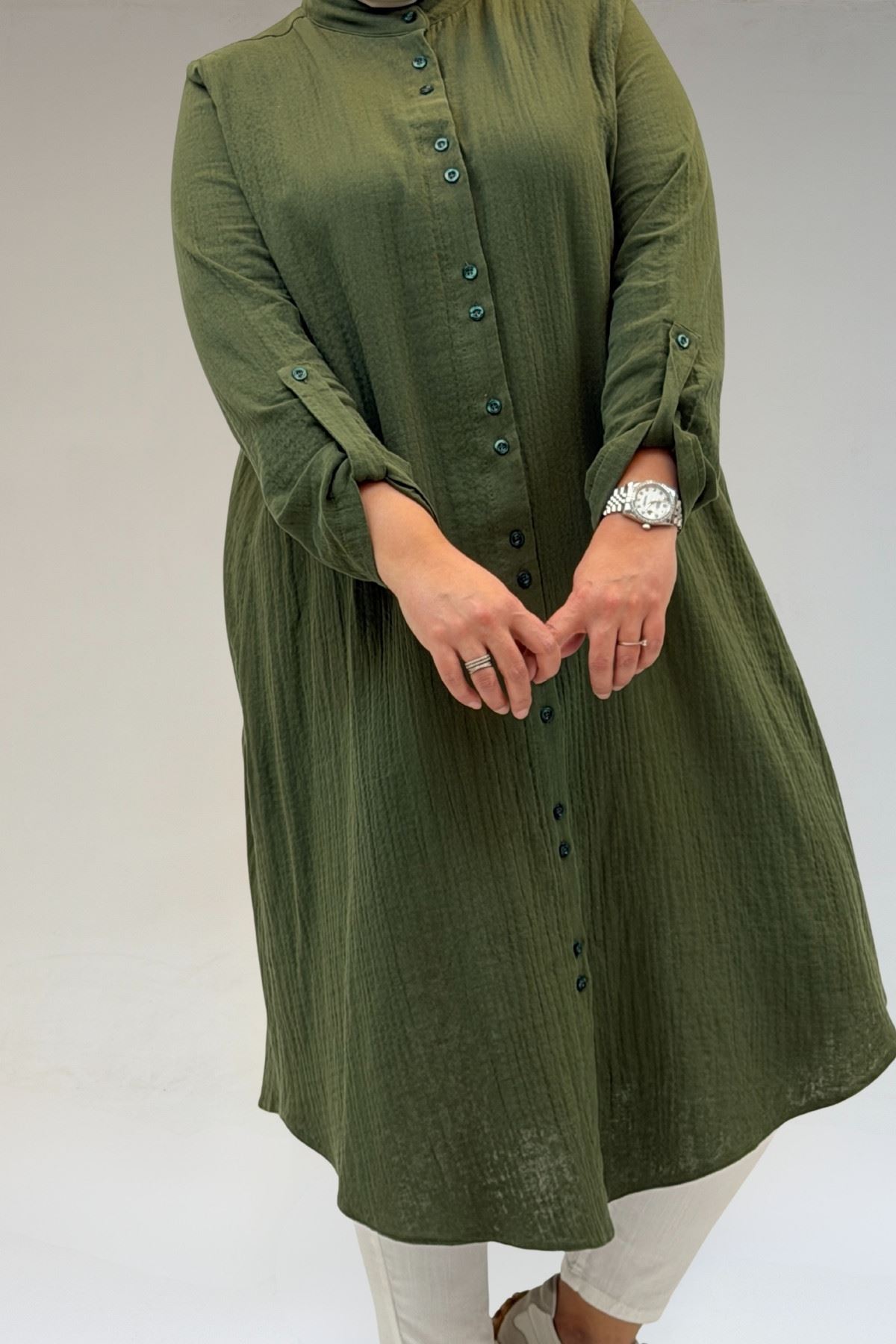 58092 Büyük Beden Çift Düğme Detaylı Müslin Gömlek - Haki