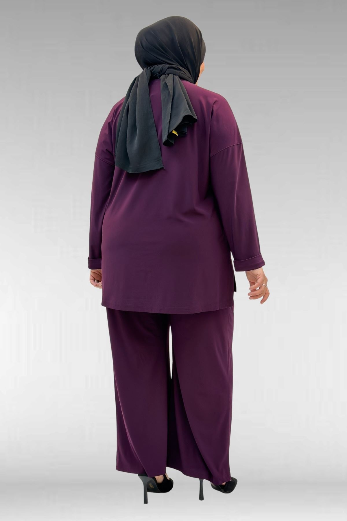 67001 Büyük Beden Kol Manşeti Duble Model Sandy Pantolonlu Takım - Mürdüm