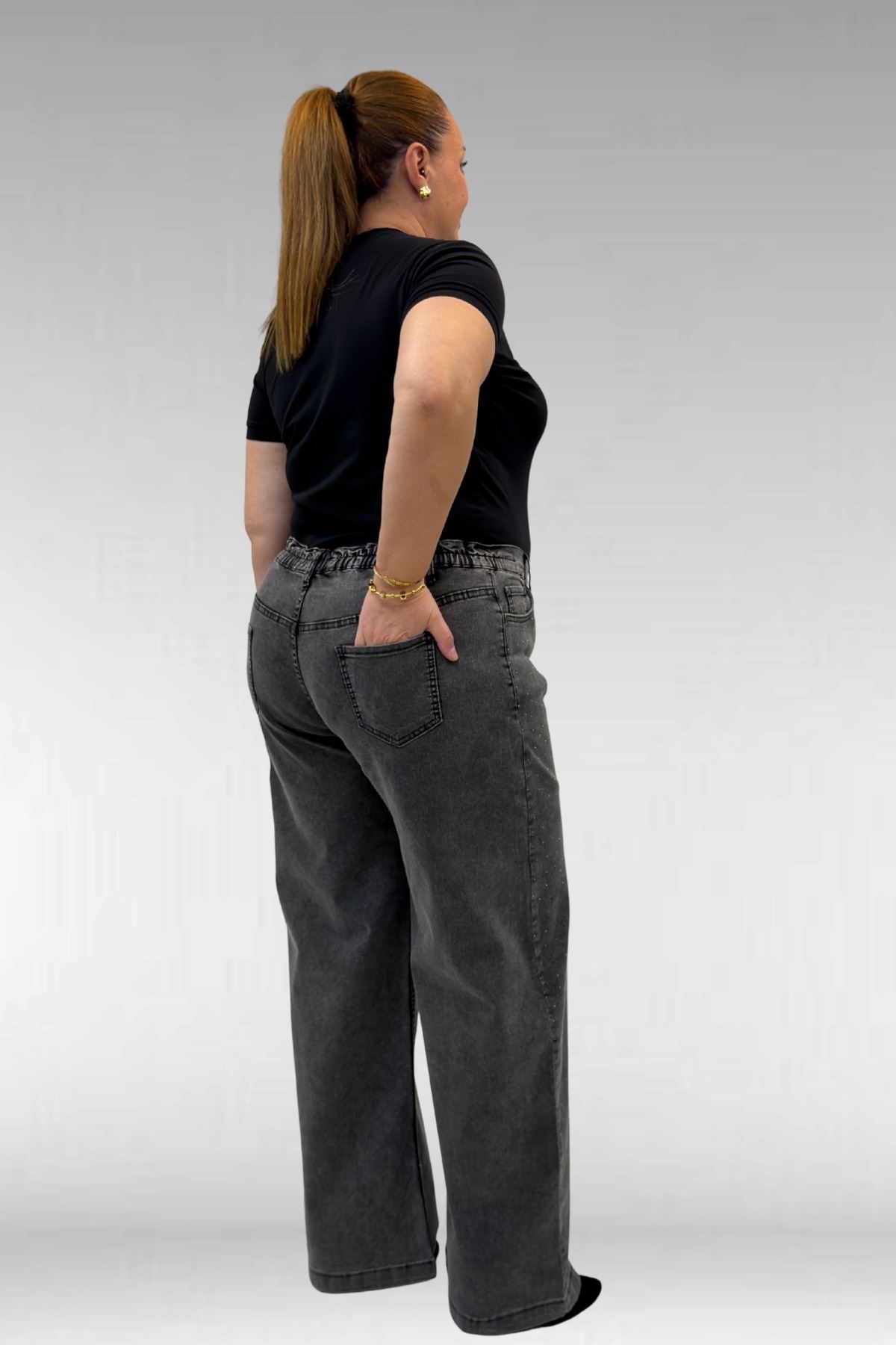 59037 Büyük Beden Önü Taşlı Bol Paça Kot Pantolon - Antrasit