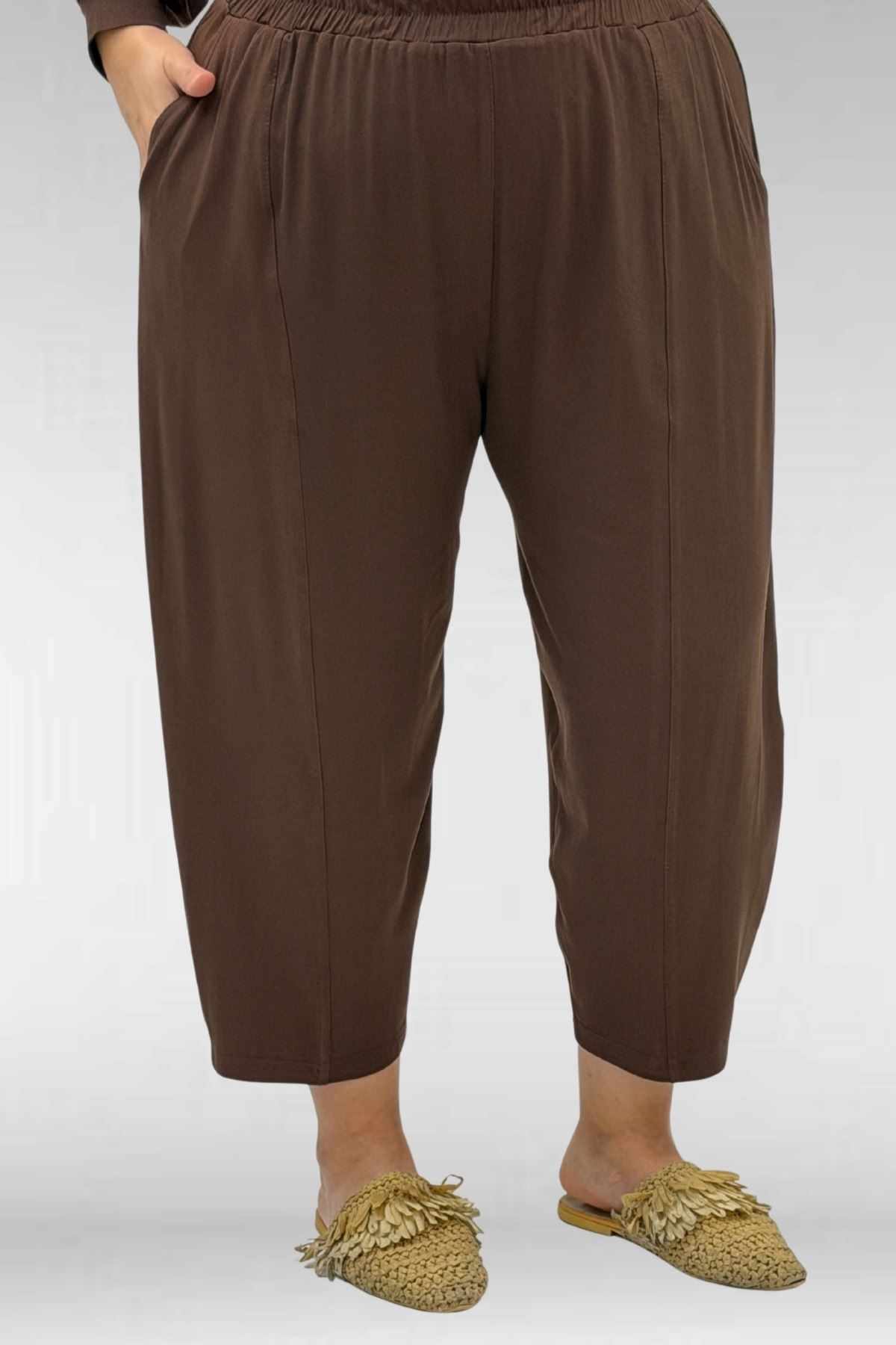 67037 Büyük Beden Düşük Kol Penye Pantolonlu Takım - Kahve