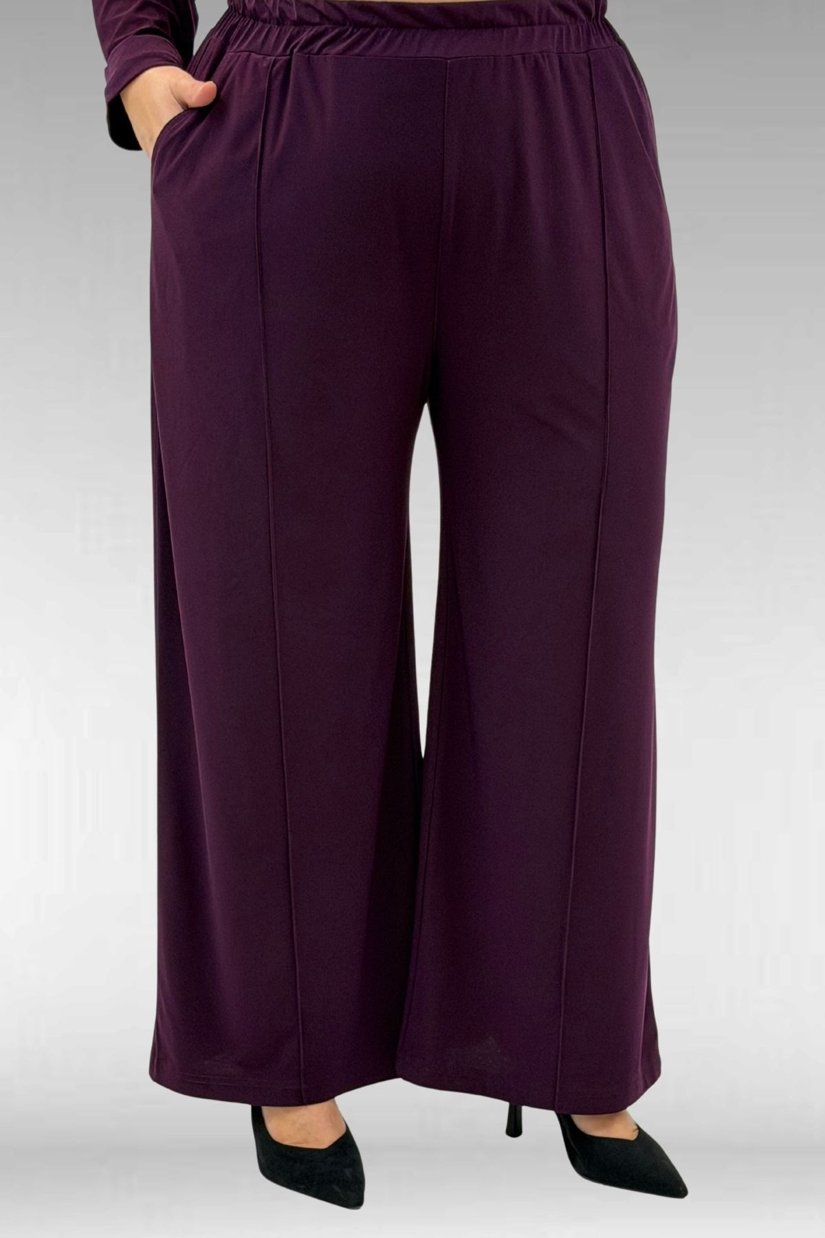 67001 Büyük Beden Kol Manşeti Duble Model Sandy Pantolonlu Takım - Mürdüm