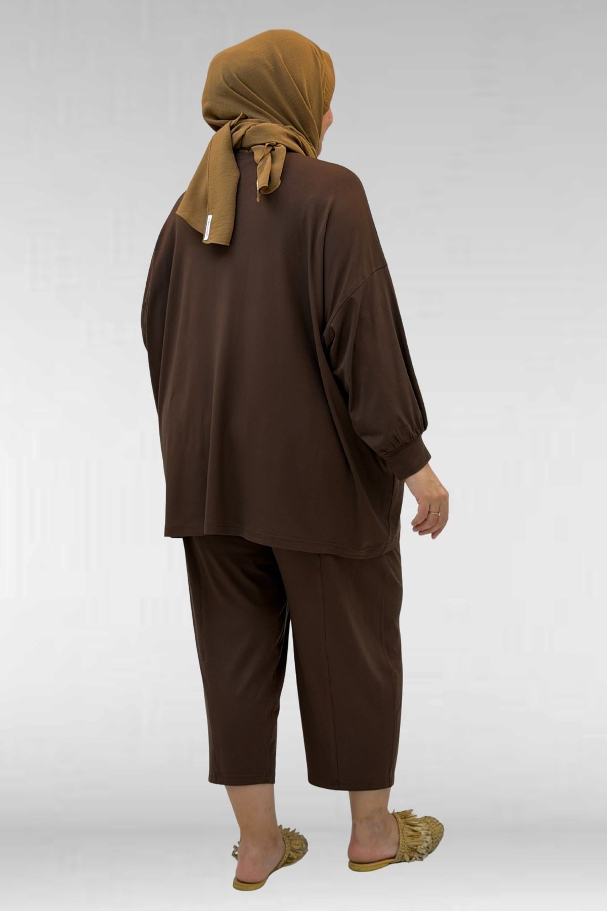 67037 Büyük Beden Düşük Kol Penye Pantolonlu Takım - Kahve