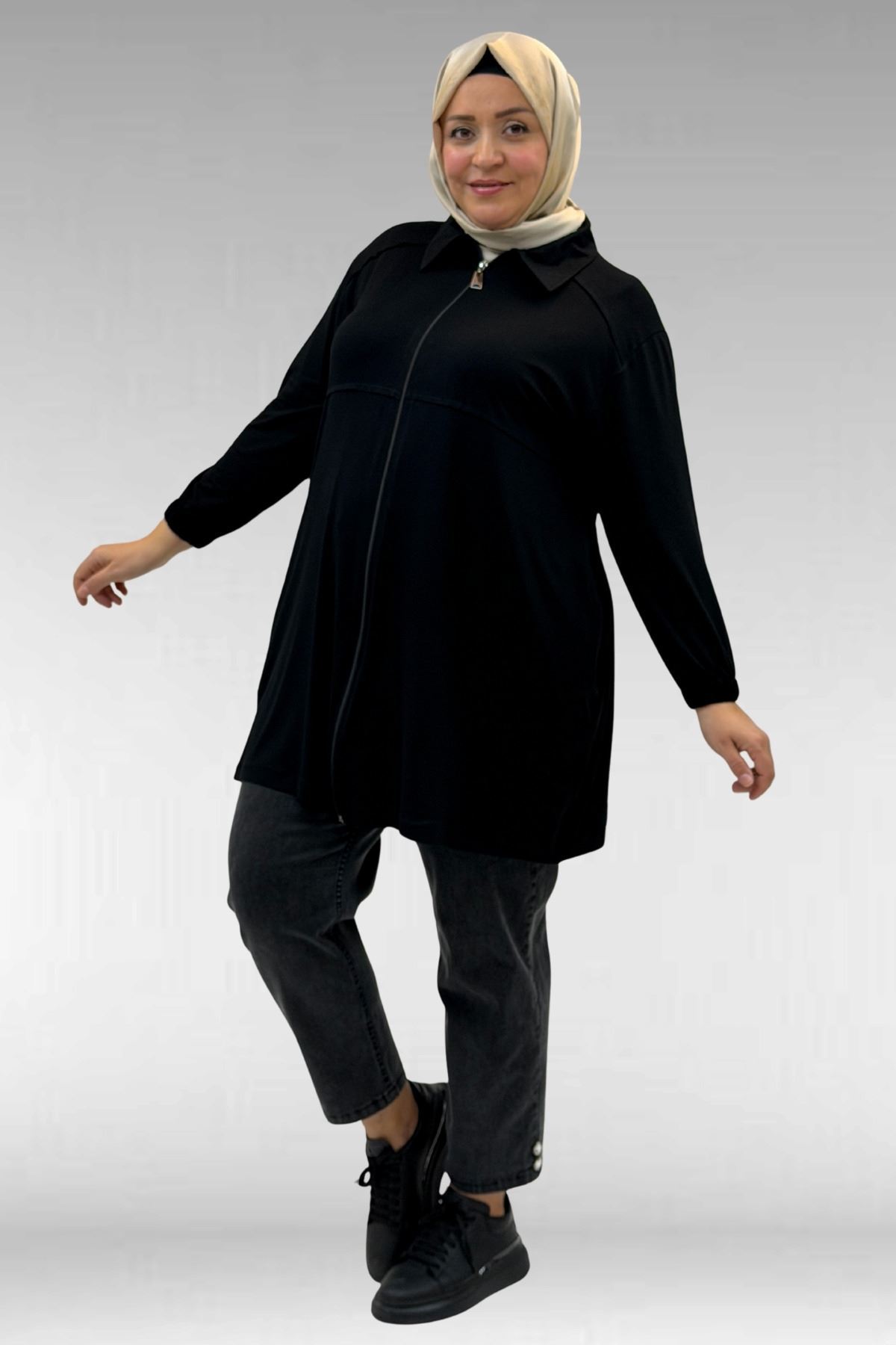 63002 Büyük Beden Fermuarlı  Penye Ceket - Siyah