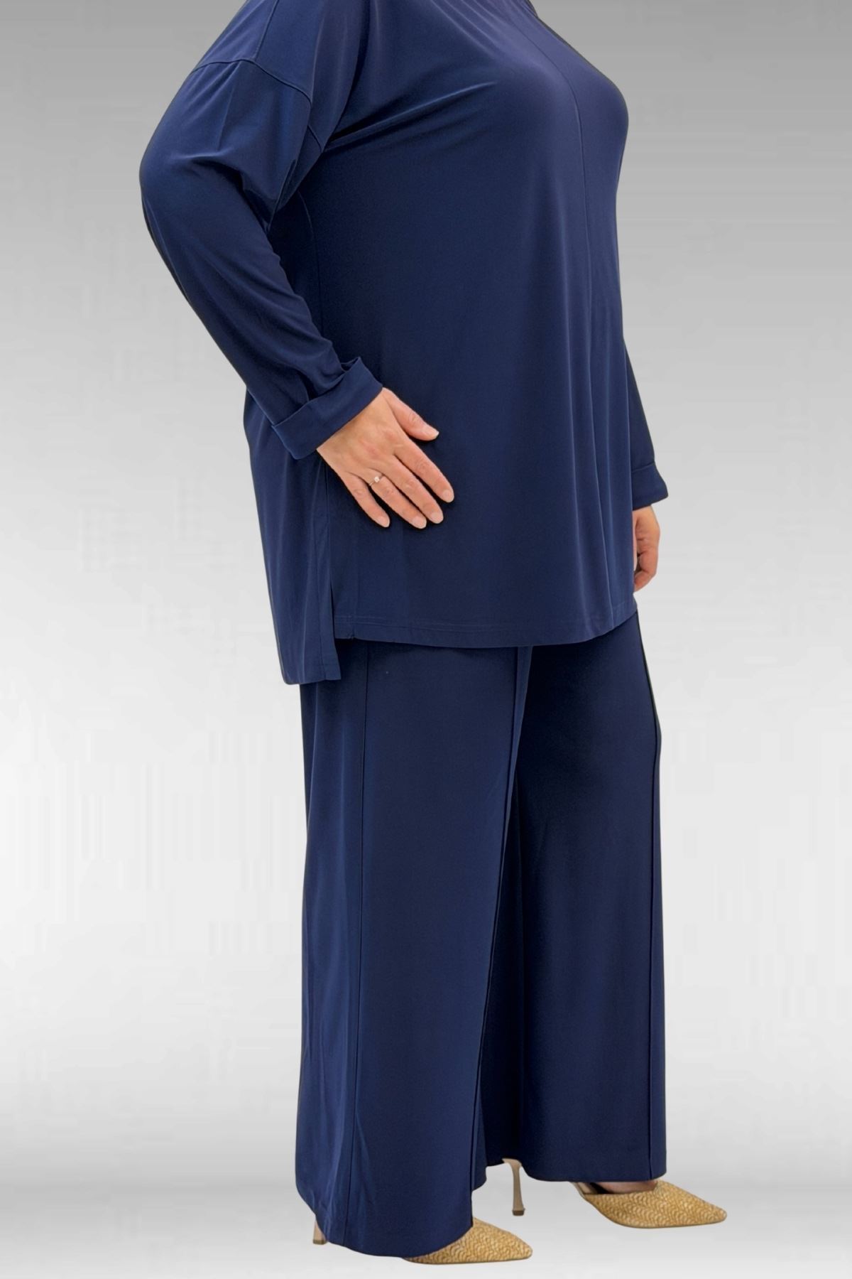 67001 Büyük Beden Kol Manşeti Duble Model Sandy Pantolonlu Takım - Lacivert