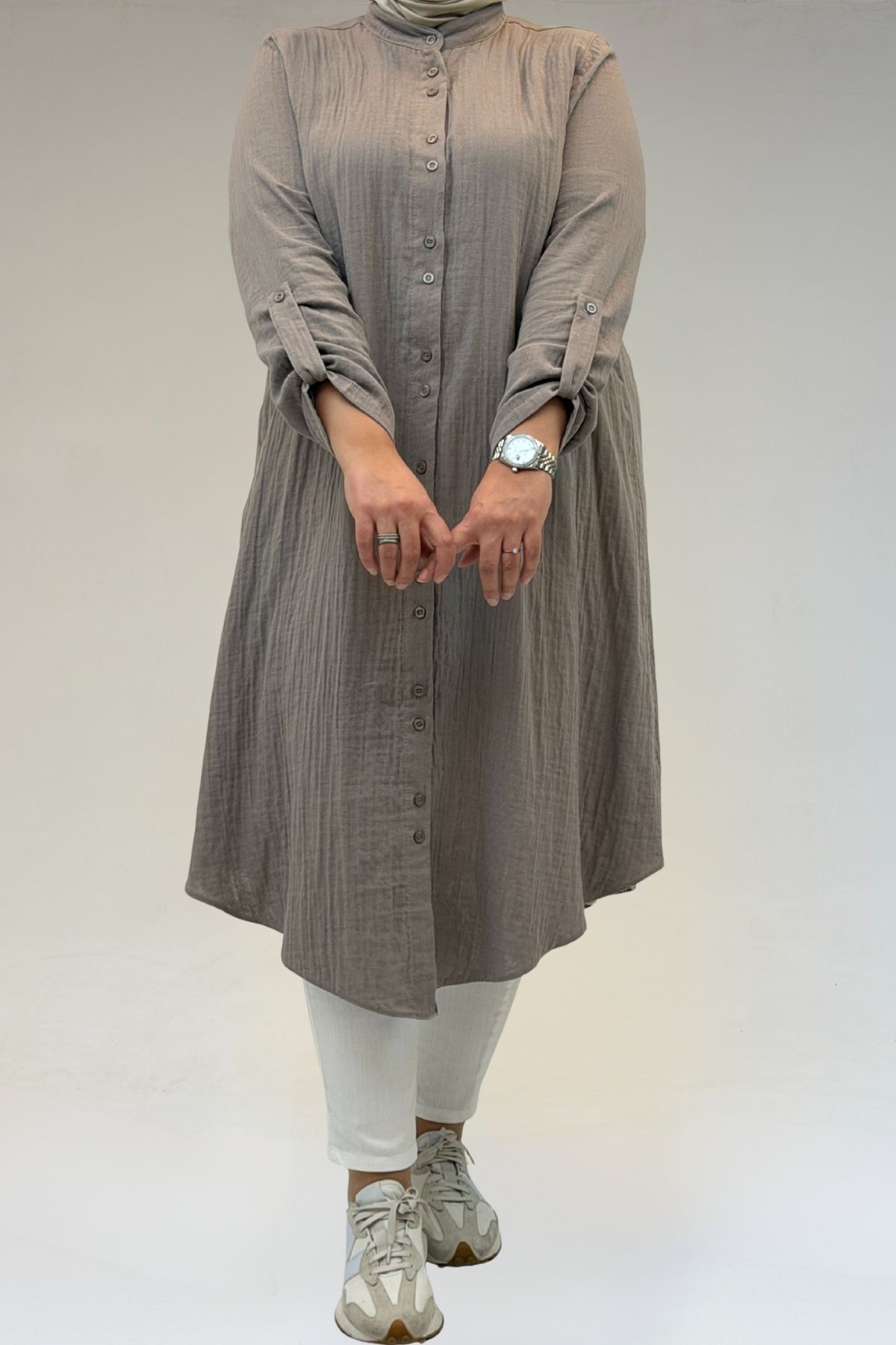 58092 Büyük Beden Çift Düğme Detaylı Müslin Gömlek - Vizon