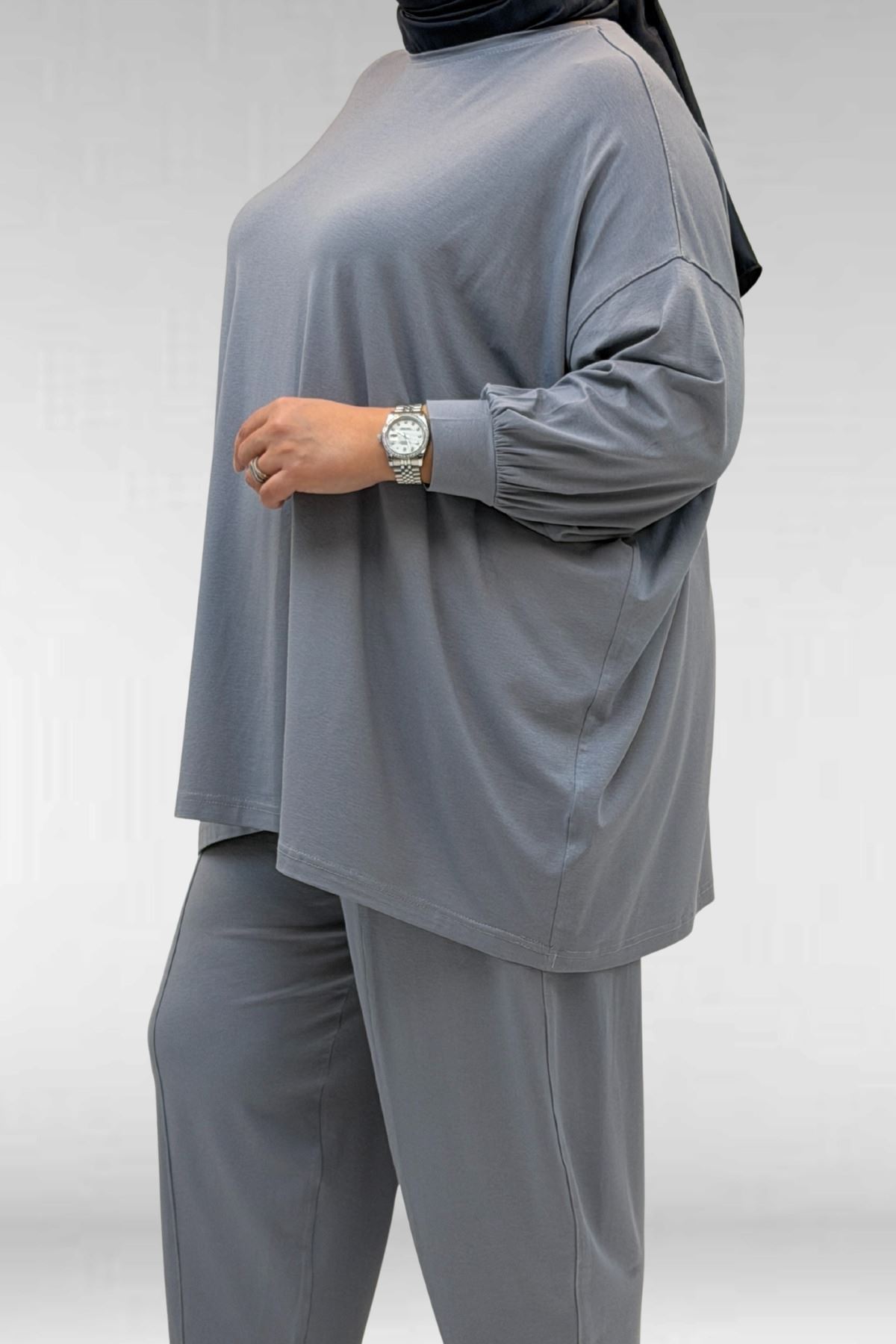 67037 Büyük Beden Düşük Kol Penye Pantolonlu Takım - Gri