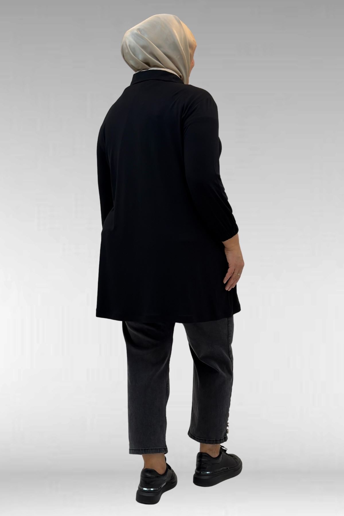 63002 Büyük Beden Fermuarlı  Penye Ceket - Siyah