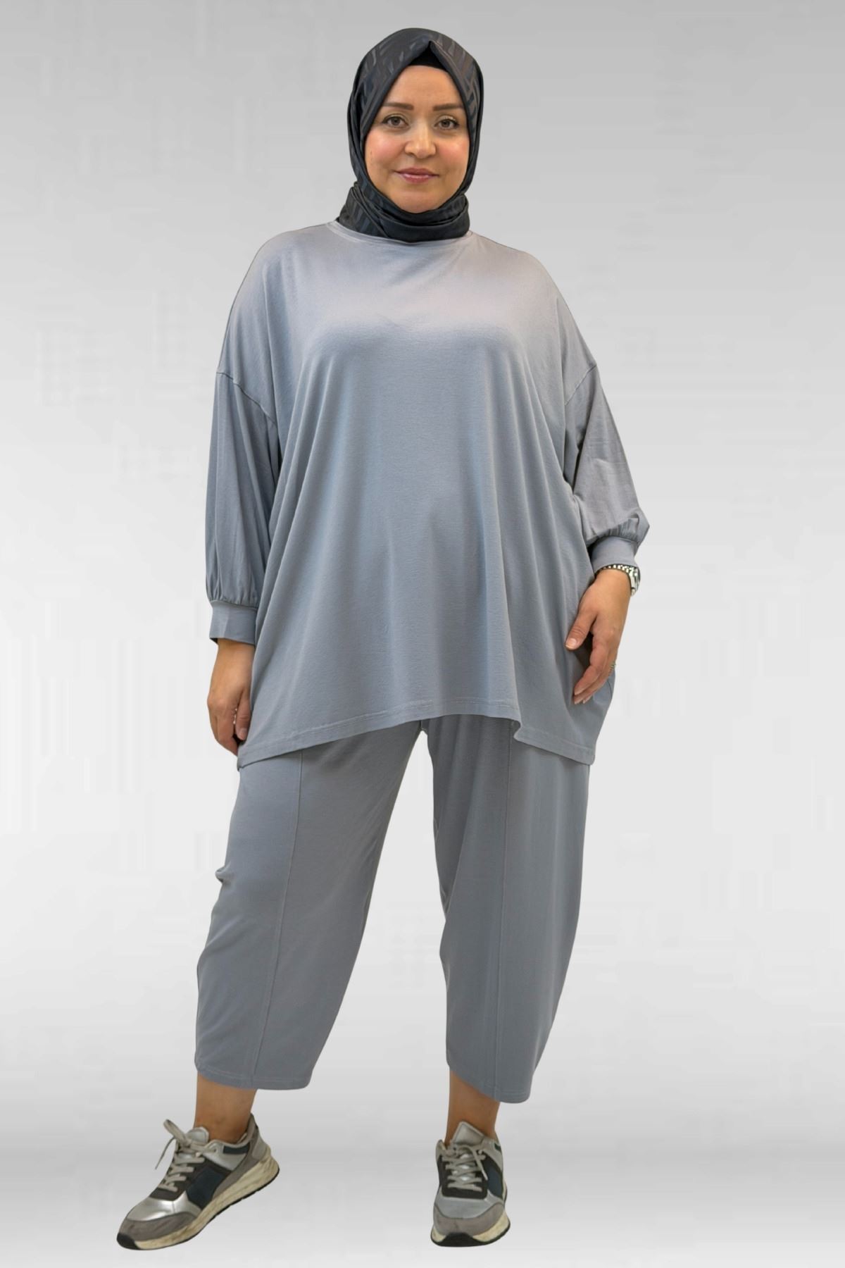 67037 Büyük Beden Düşük Kol Penye Pantolonlu Takım - Gri