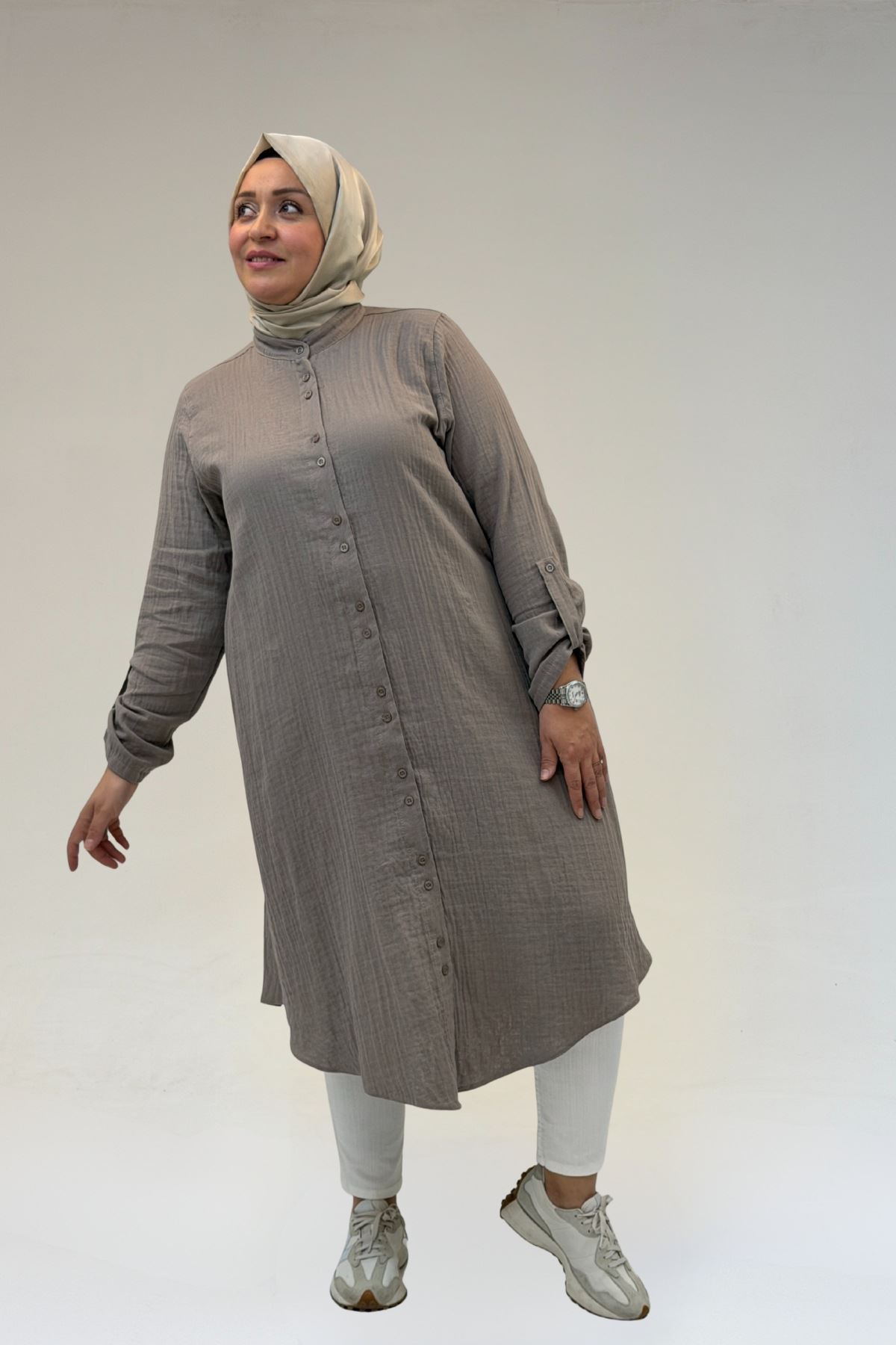 58092 Büyük Beden Çift Düğme Detaylı Müslin Gömlek - Vizon