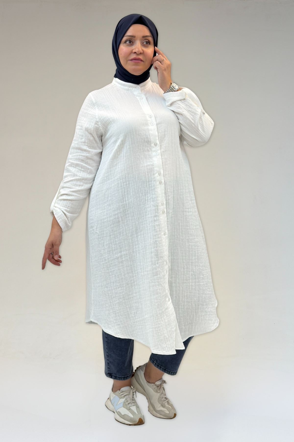 58092 Büyük Beden Çift Düğme Detaylı Müslin Gömlek - Ekru