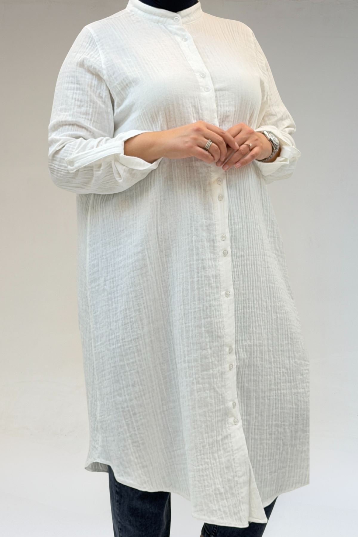 58092 Büyük Beden Çift Düğme Detaylı Müslin Gömlek - Ekru