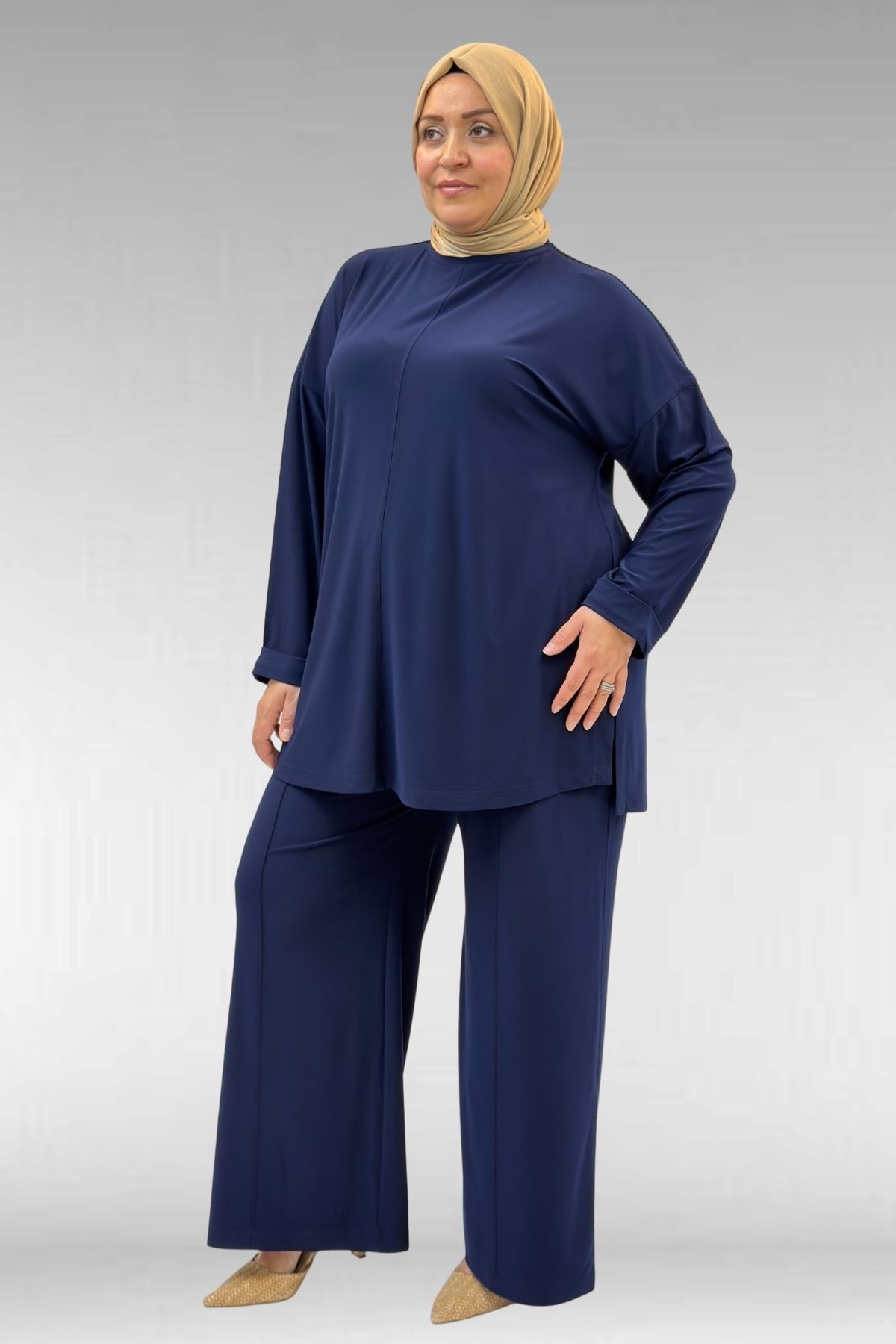 67001 Büyük Beden Kol Manşeti Duble Model Sandy Pantolonlu Takım - Lacivert