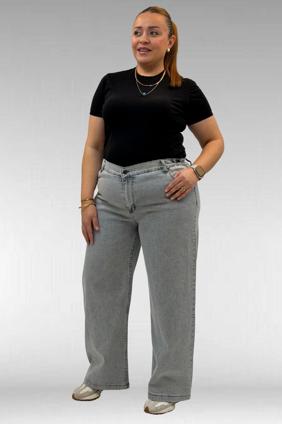 59037 Büyük Beden Önü Taşlı Bol Paça Kot Pantolon - Gri