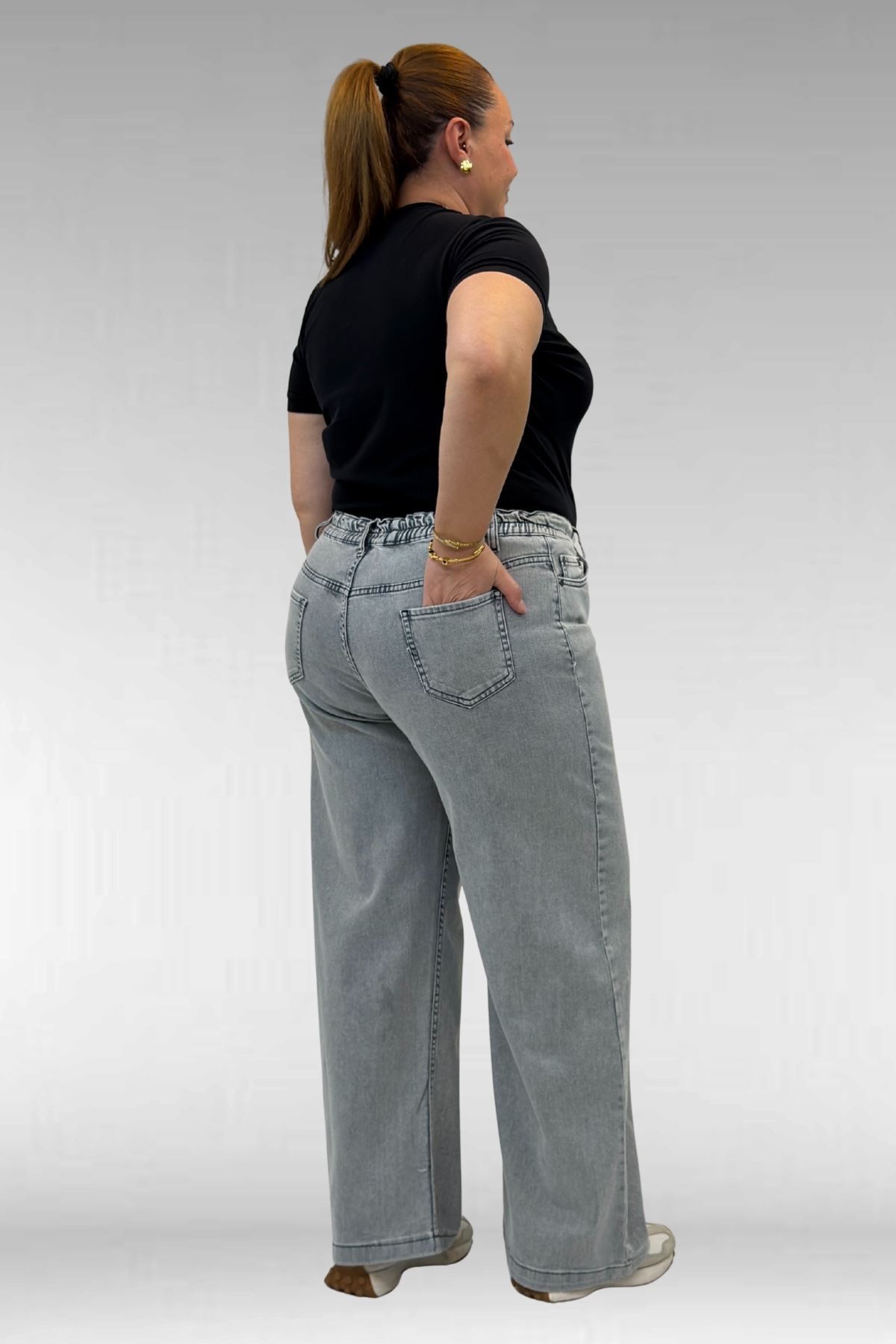 59037 Büyük Beden Önü Taşlı Bol Paça Kot Pantolon - Gri