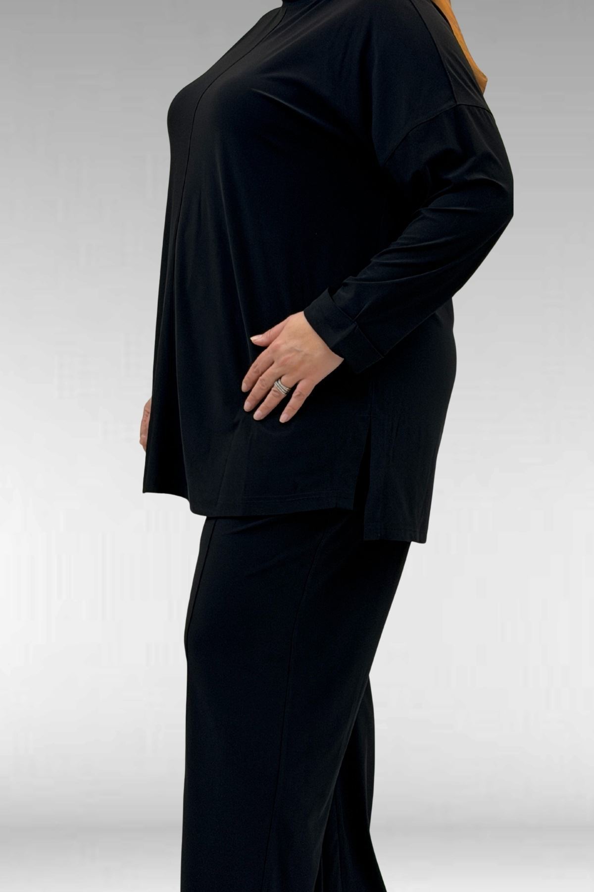 67001 Büyük Beden Kol Manşeti Duble Model Sandy Pantolonlu Takım - Siyah