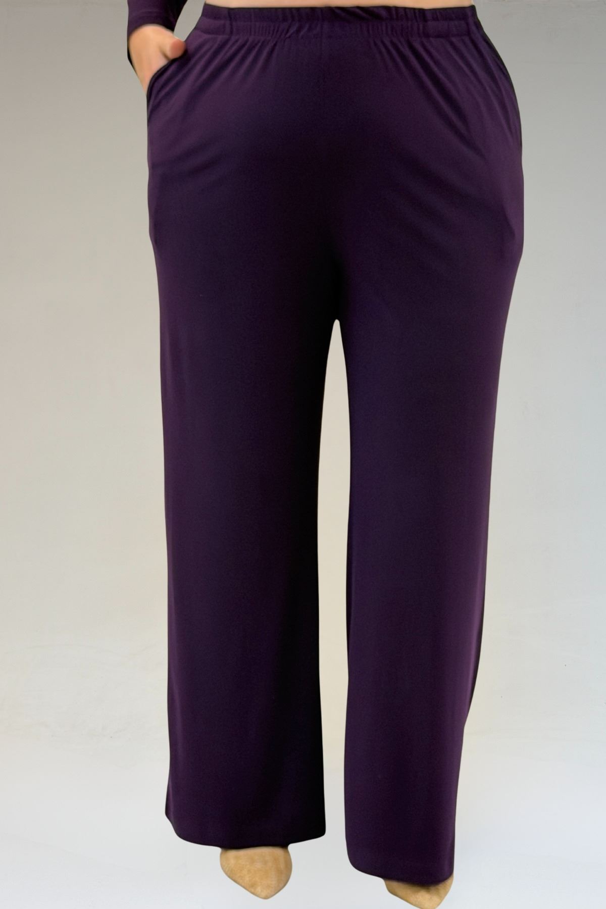 67302 Büyük Beden Üçlü Sandy - Şifon Pantolonlu Takım - Mor