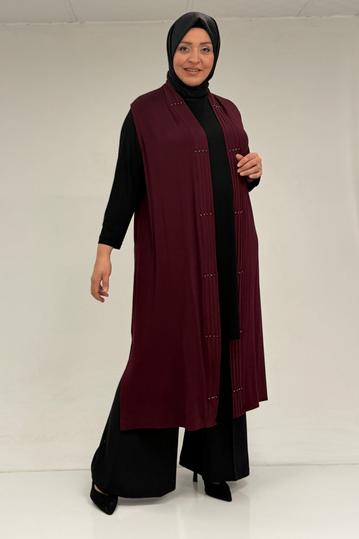 54005 Büyük Beden Patı Pileli Giy Çık Yelek - Bordo