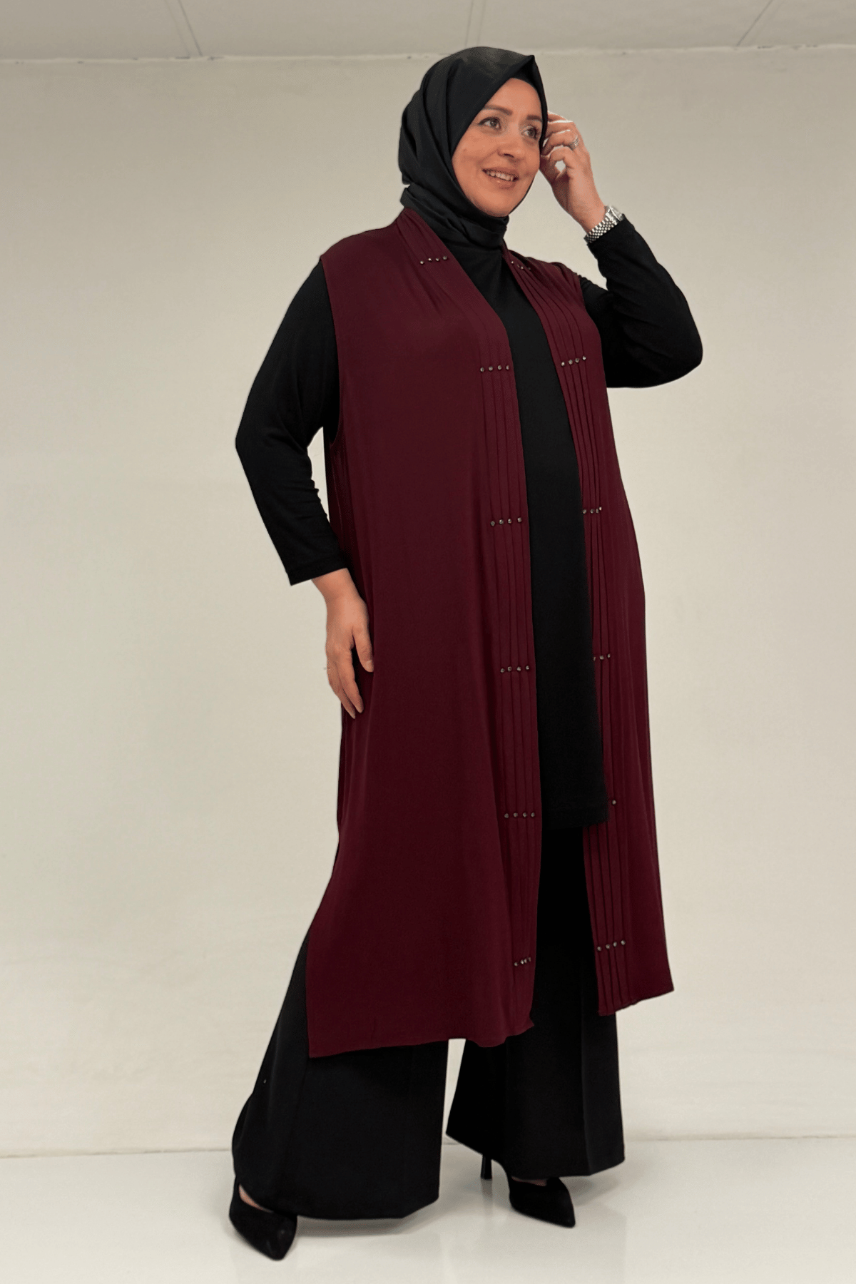 54005 Büyük Beden Patı Pileli Giy Çık Yelek - Bordo