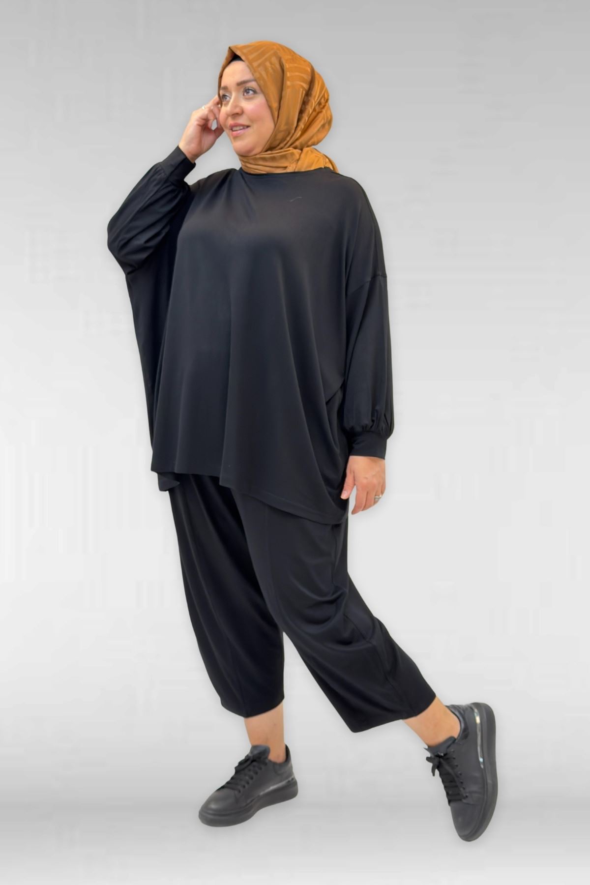 67037 Büyük Beden Düşük Kol Penye Pantolonlu Takım - Siyah