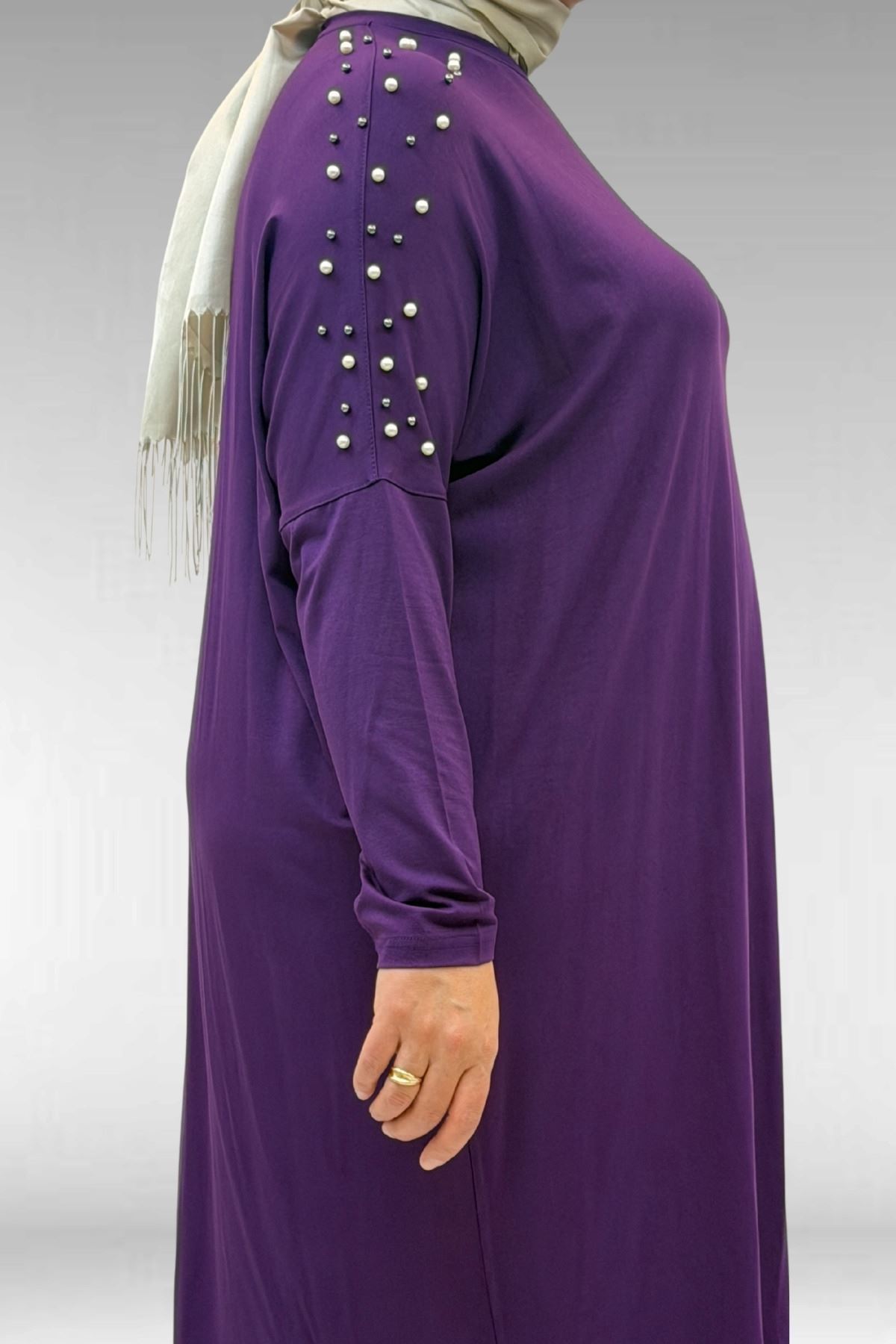 68012 Büyük Beden Omuzları Taş Detaylı Penye Tunik - Mor