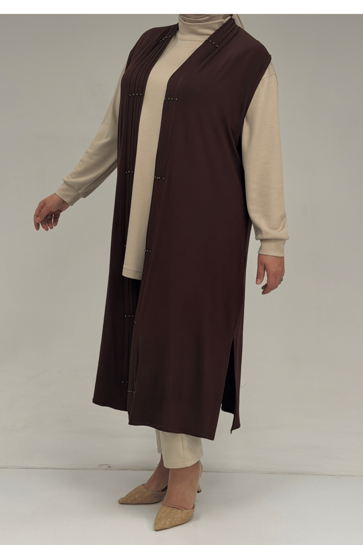 54005 Büyük Beden Patı Pileli Giy Çık Yelek - Kahve