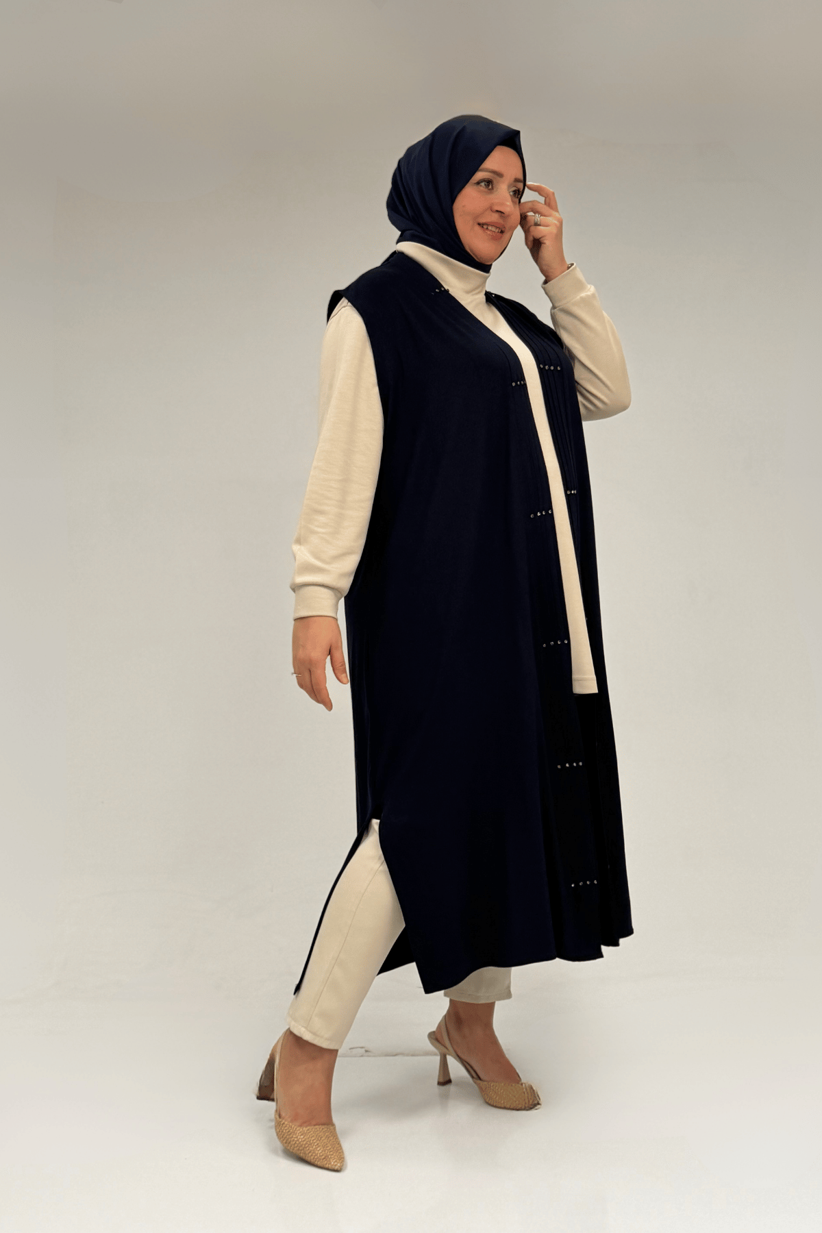 54005 Büyük Beden Patı Pileli Giy Çık Yelek - Lacivert