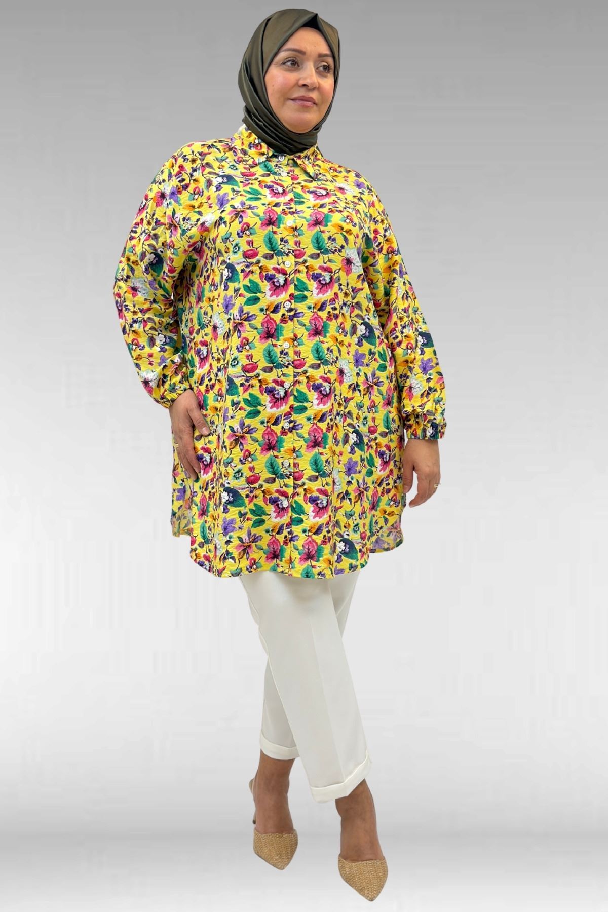 68010 Büyük Beden Yanları Yırtmaçlı Kolları Lastikli Mango Tunik - Desenli Sarı