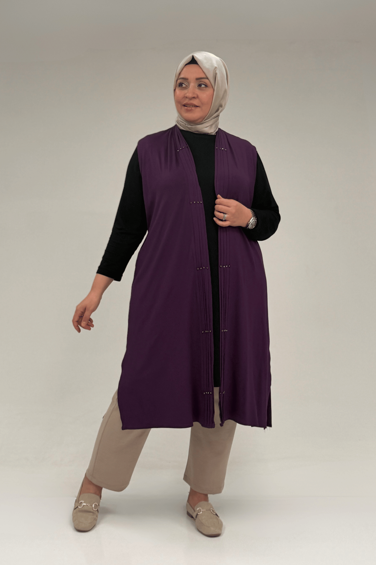 54005 Büyük Beden Patı Pileli Giy Çık Yelek - Mor