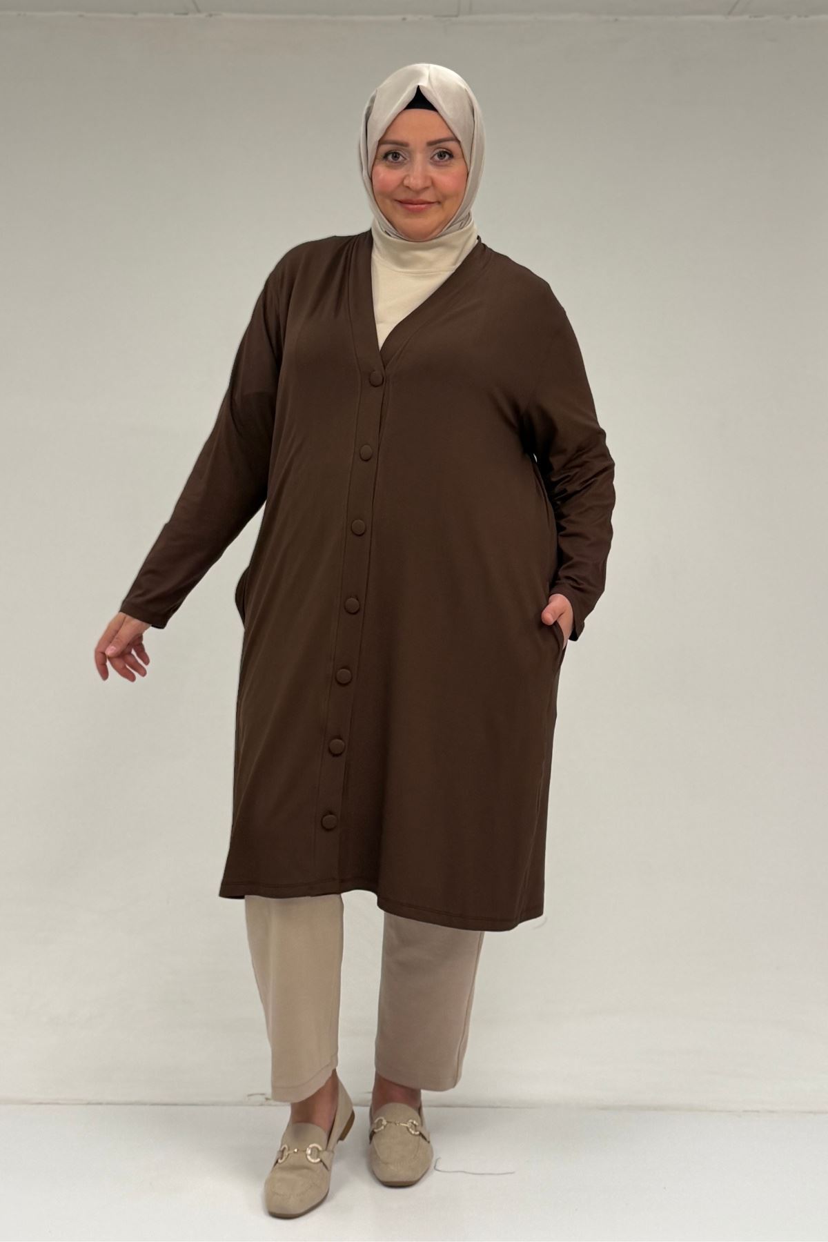 63005 Büyük Beden Kaplama Düğme Detaylı Penye Ceket - Kahve