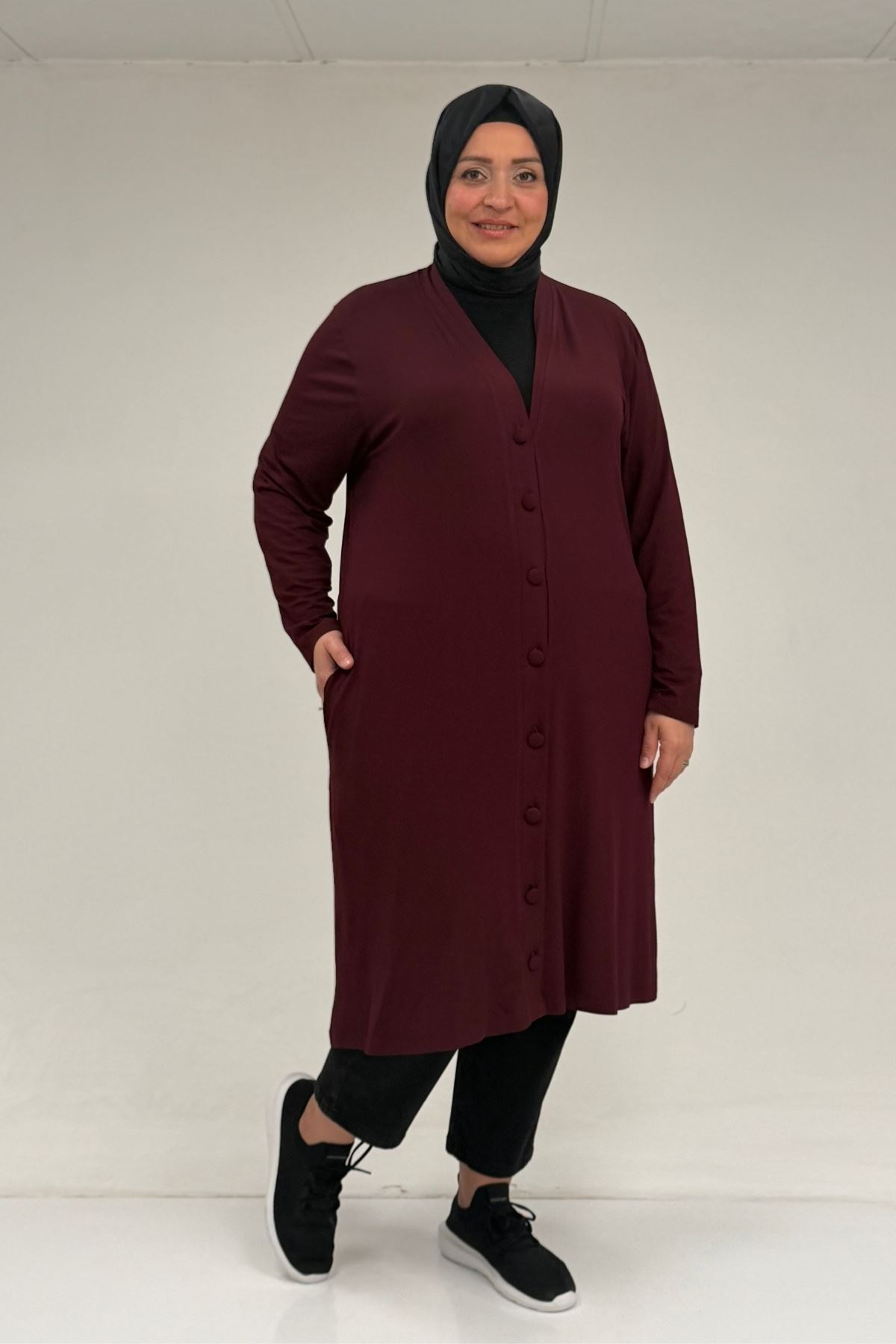 63005 Büyük Beden Kaplama Düğme Detaylı Penye Ceket - Bordo