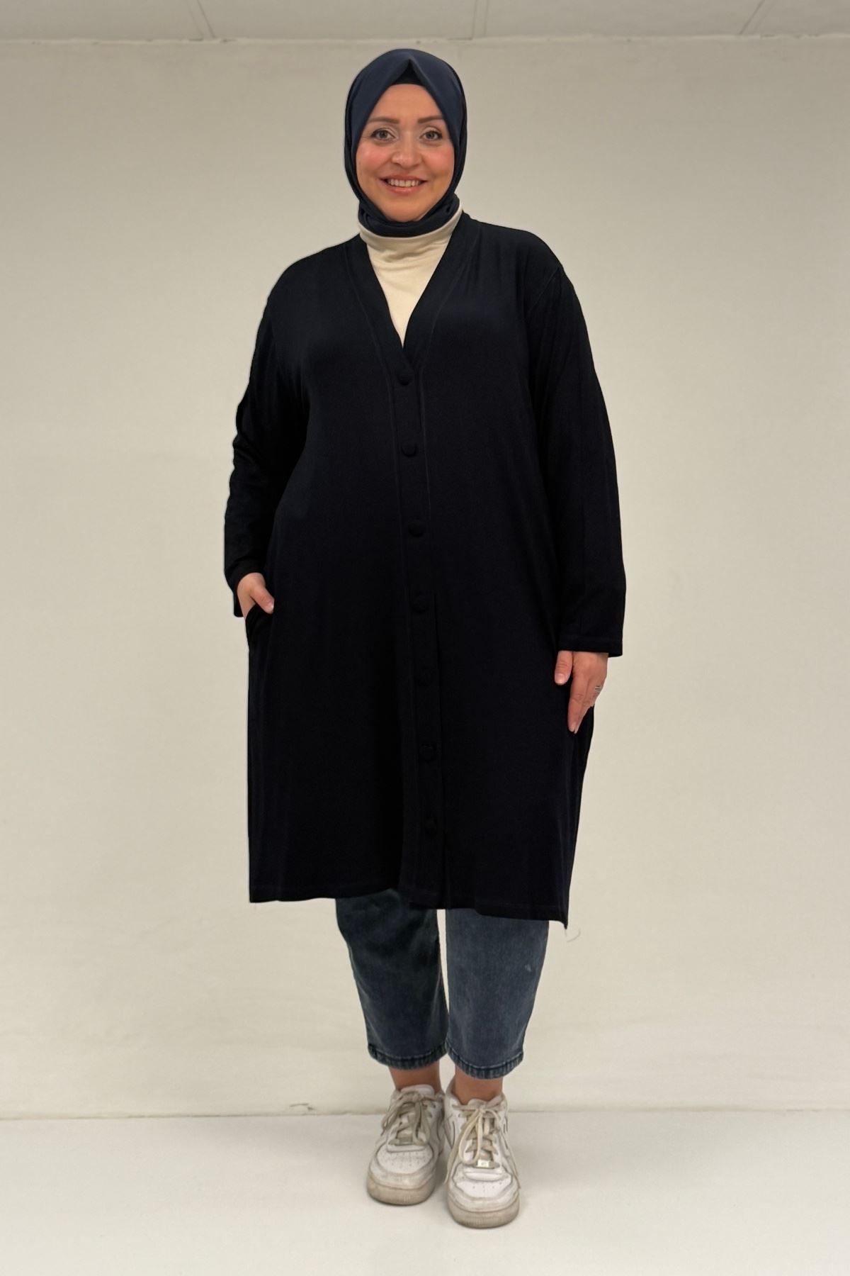 63005 Büyük Beden Kaplama Düğme Detaylı Penye Ceket - Lacivert